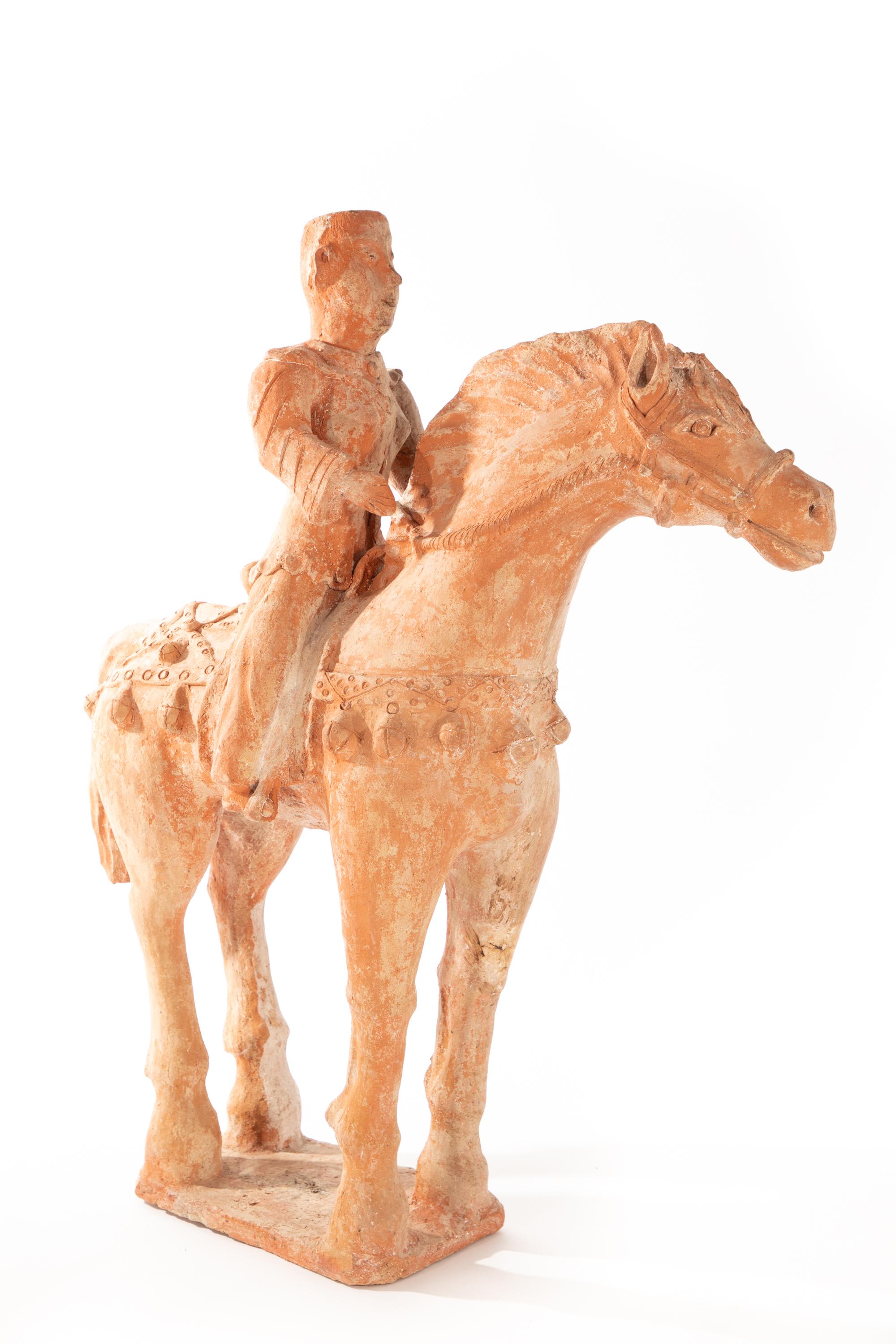 Antique Chinese Tang-Style Terra Cotta Horse and Rider 19th Century For Sale 1