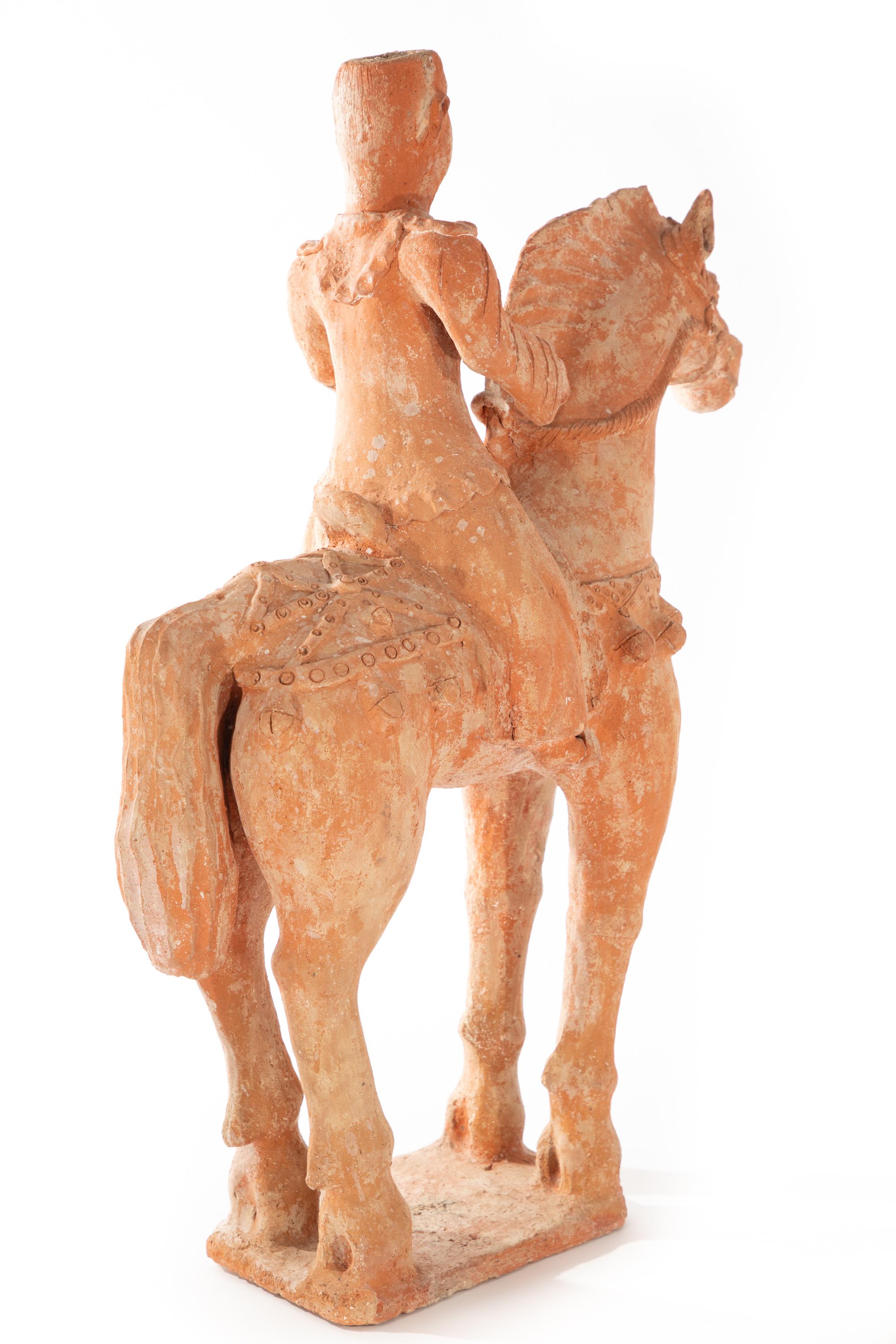 Antique Chinese Tang-Style Terra Cotta Horse and Rider 19th Century For Sale 2