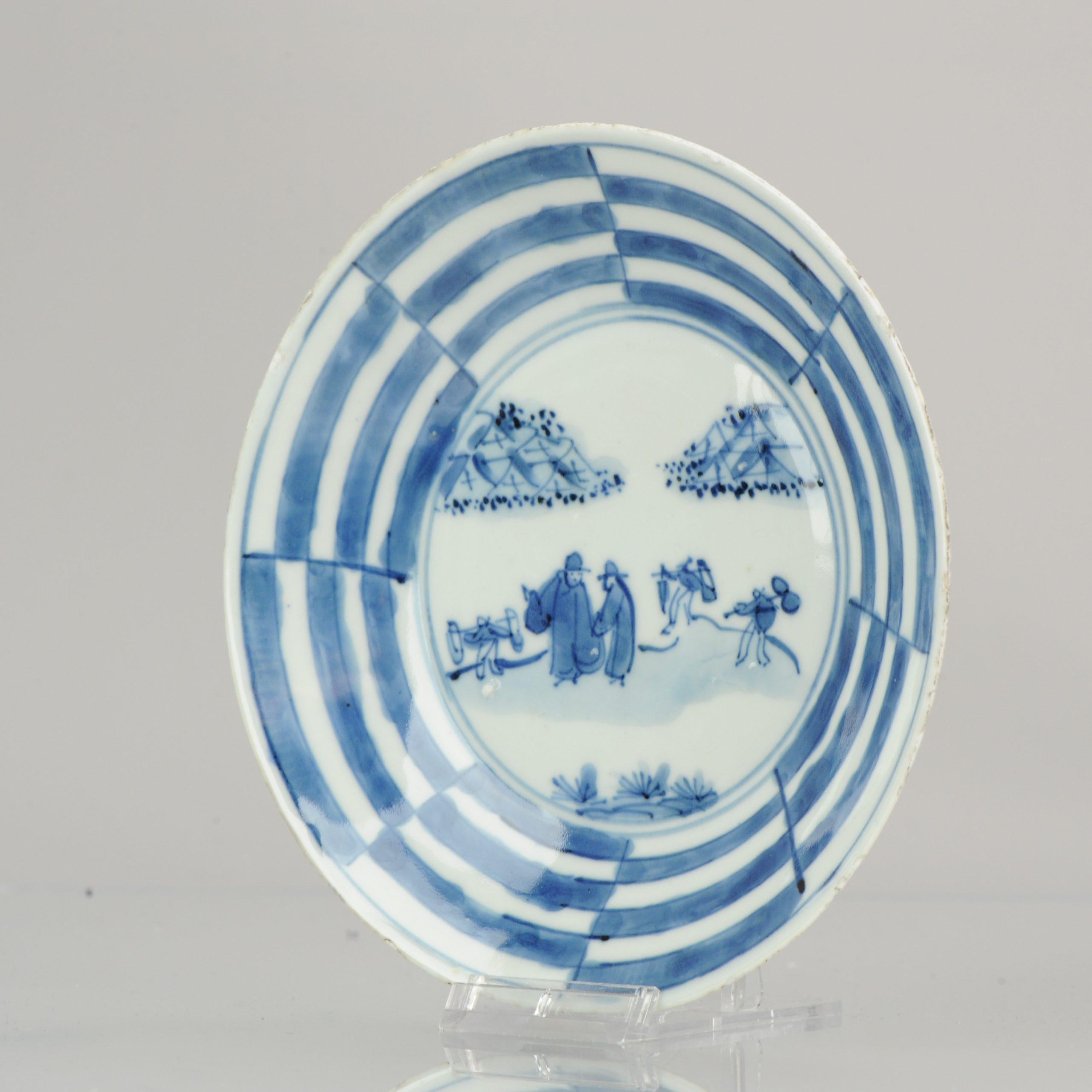 A very nicely decorated plate. Late Ming. Traders and travellers in a landscape. An extraordinary border pattern. Very rare type of plate.
Condition
Overall condition Rimfritting, 1 shallow chip/flint only. Size: 161 x 27mm
Period
17th century