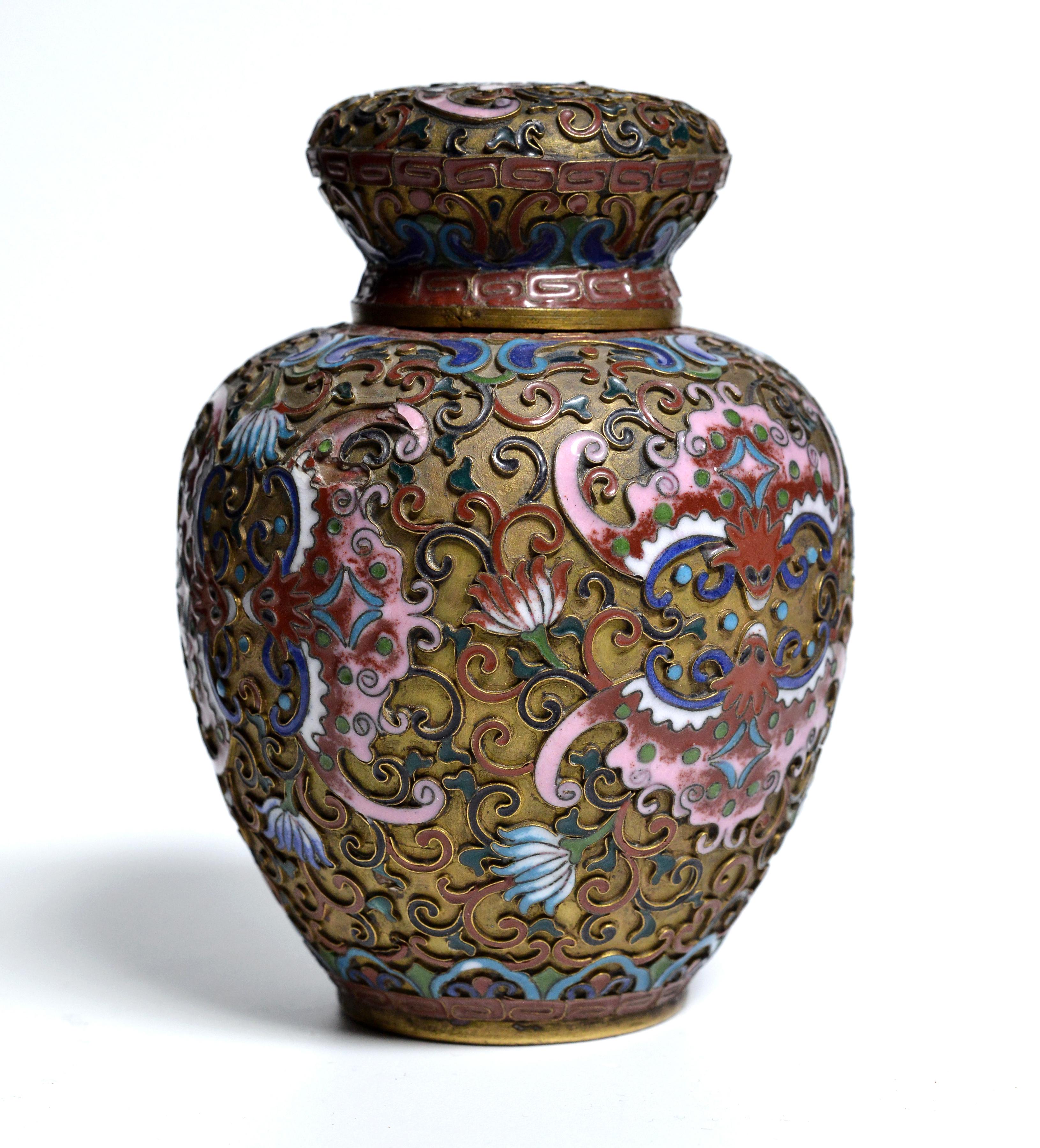 Chinese Export Antique Chinese Tea Caddy Cloisonne Enamels on Copper 19th century For Sale
