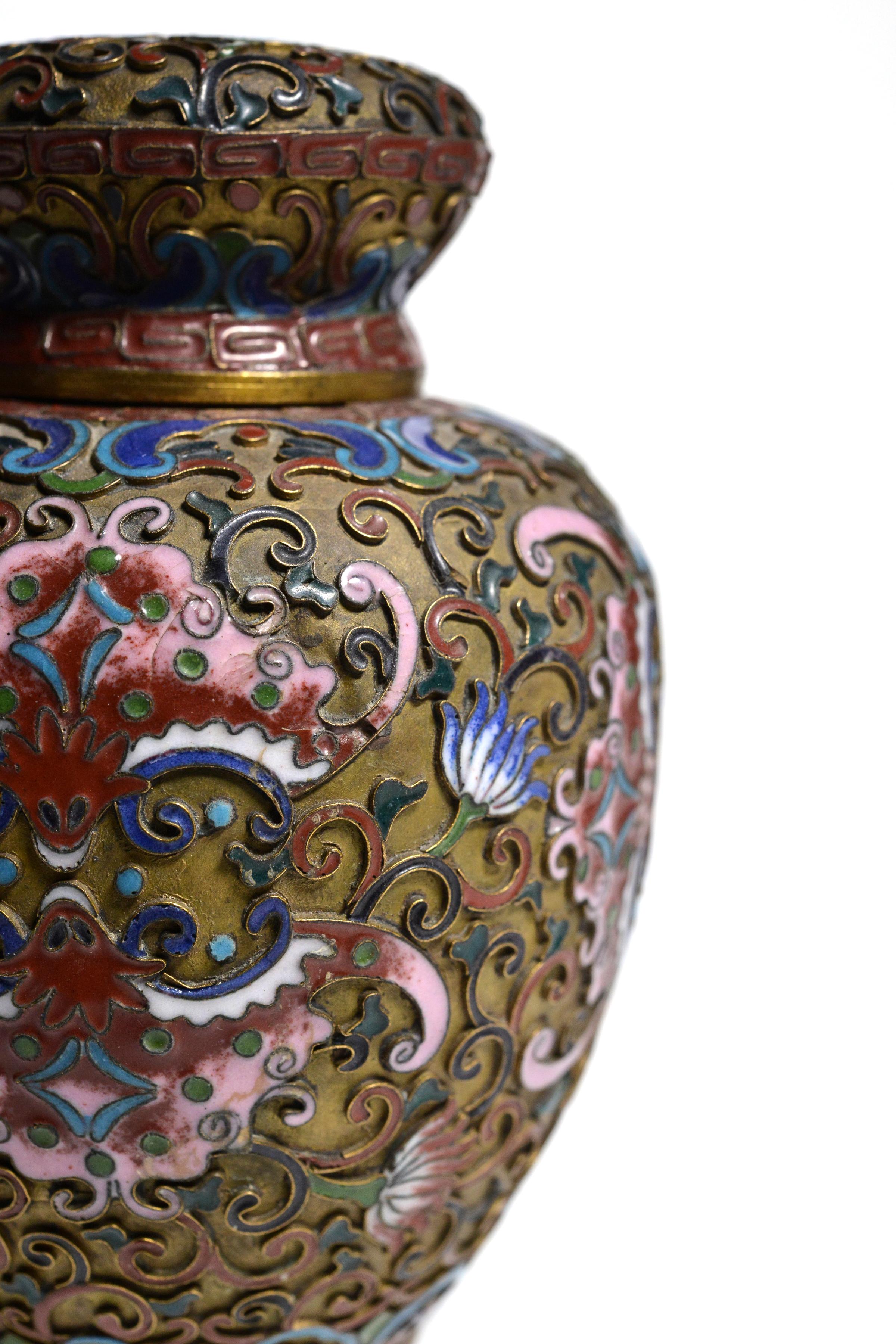 Hand-Carved Antique Chinese Tea Caddy Cloisonne Enamels on Copper 19th century For Sale