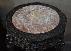 Antique Chinese Teak Wood Carved Stand Soapstone Top