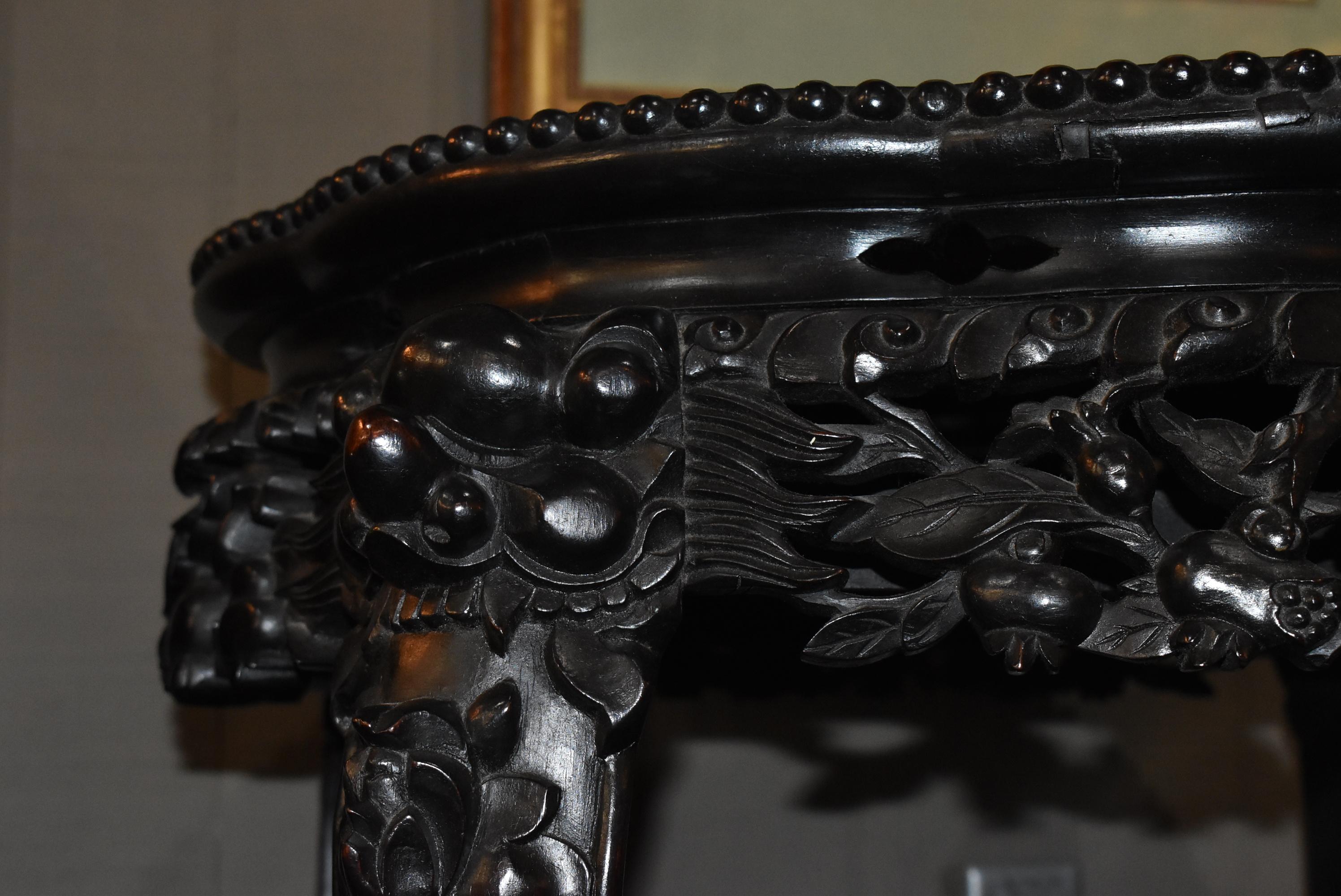 Other Antique Chinese Teak Wood Carved Stand Soapstone Top For Sale