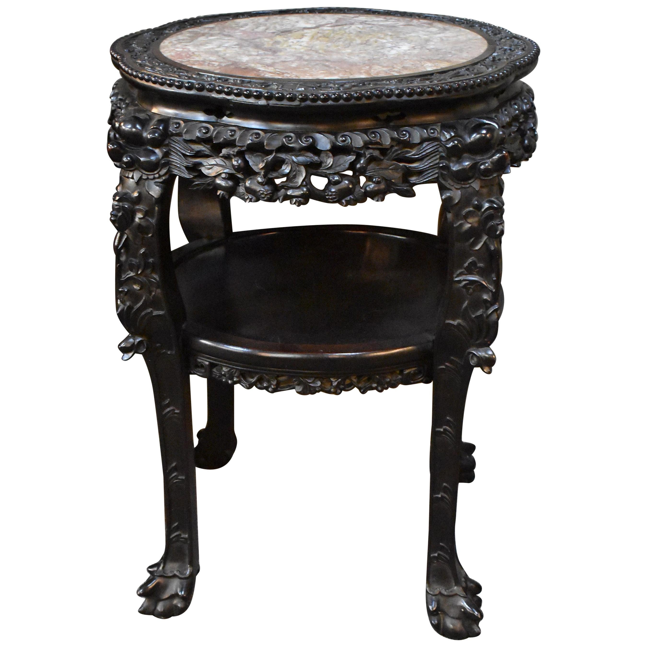 Antique Chinese Teak Wood Carved Stand Soapstone Top For Sale