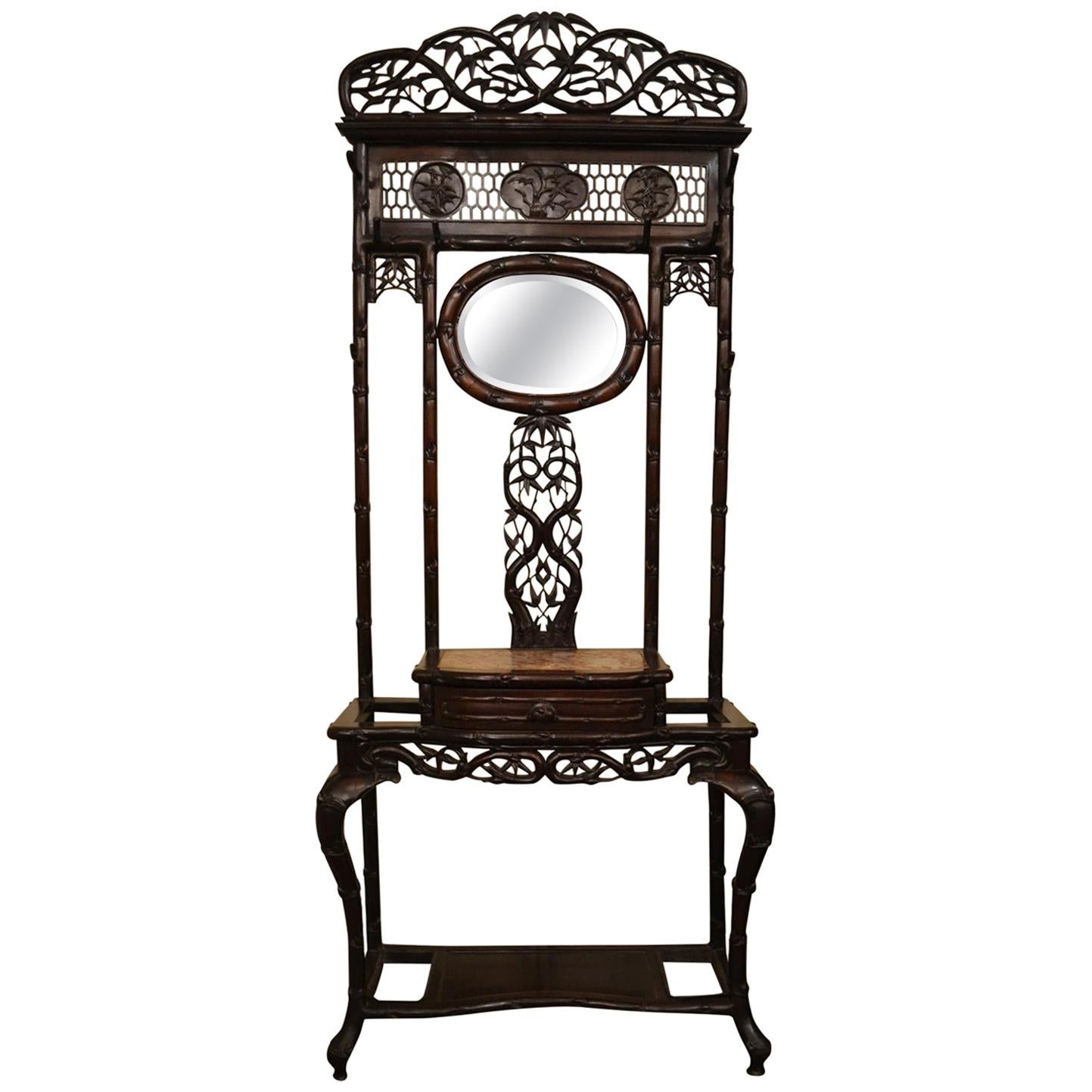 Antique Chinese Teakwood Porte-Manteau 'Hall Tree' with Small Mirror, circa 1880