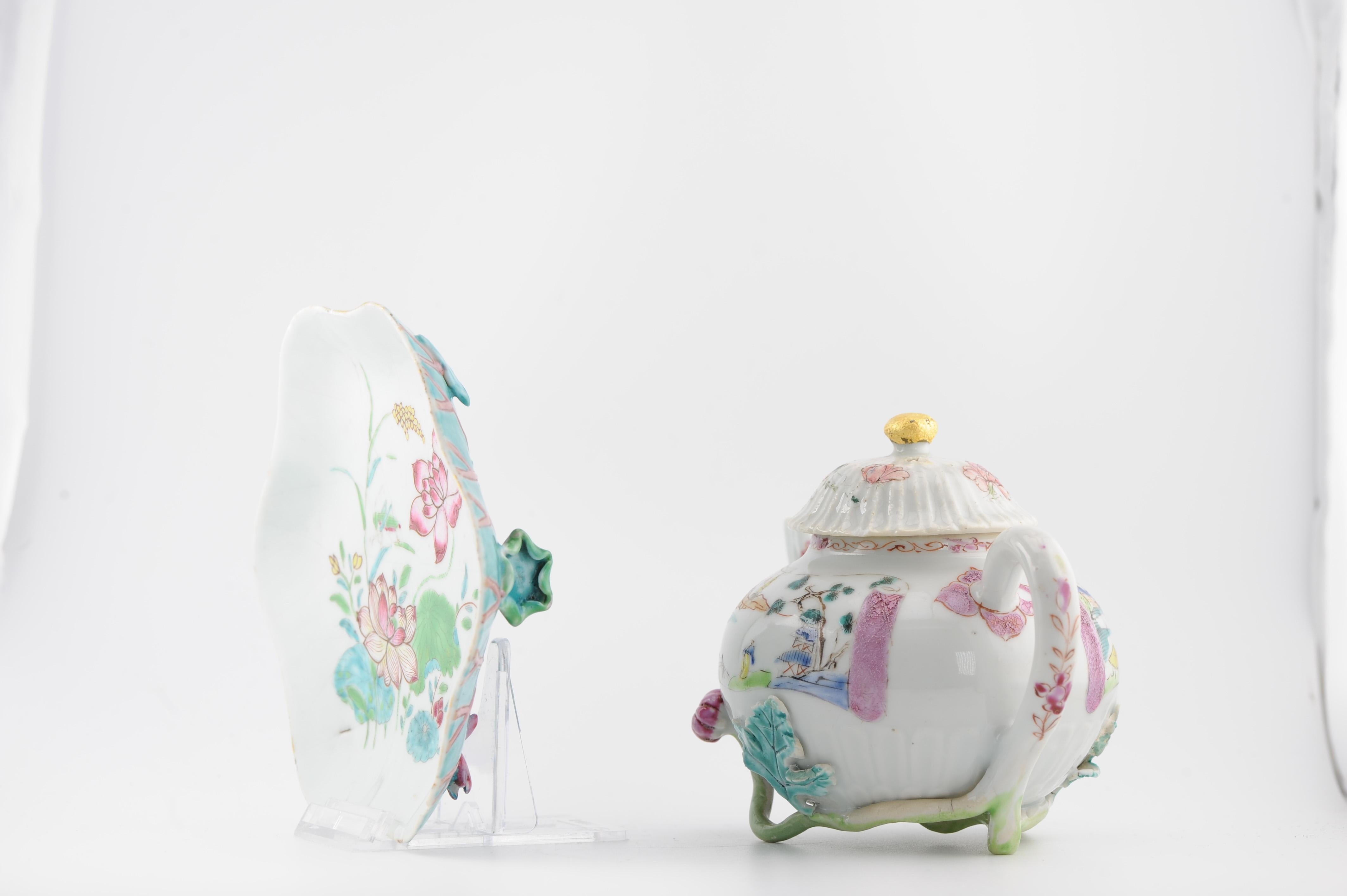 Antique Chinese Teapot and Pattipan with Relief Flowers Yongzheng Porcelain Chin For Sale 8