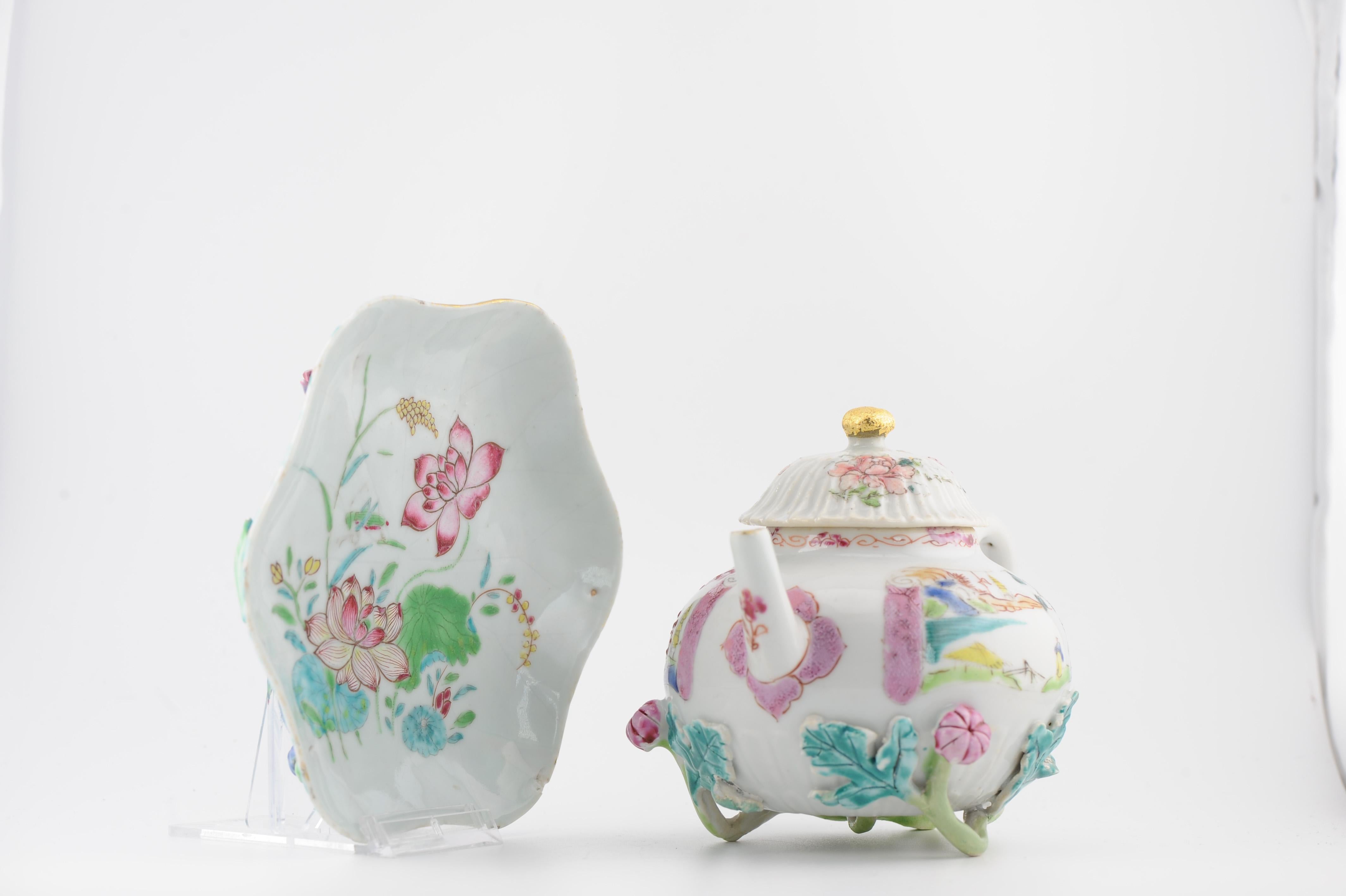 Antique Chinese Teapot and Pattipan with Relief Flowers Yongzheng Porcelain Chin For Sale 11