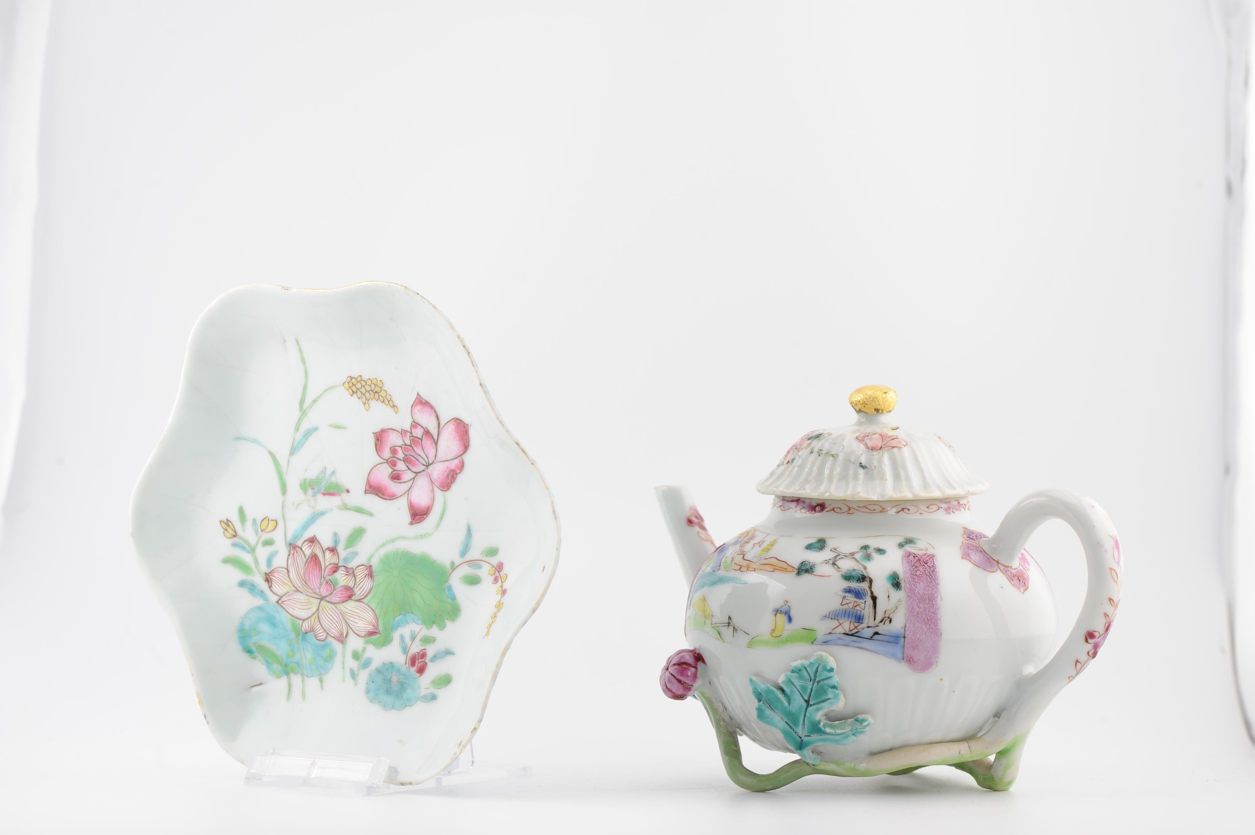 Antique Chinese Teapot and Pattipan with Relief Flowers Yongzheng Porcelain Chin For Sale 12