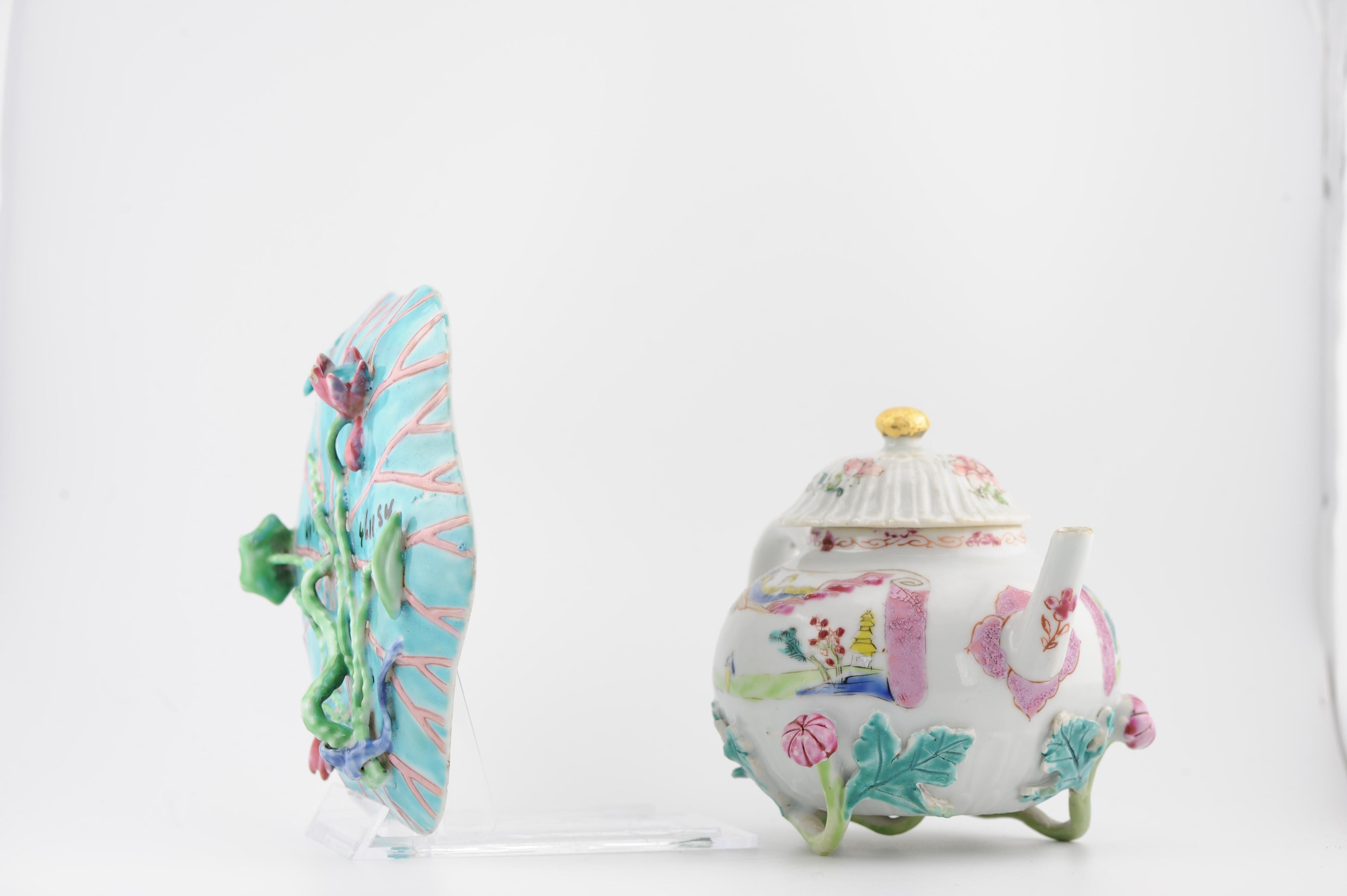 Regency Antique Chinese Teapot and Pattipan with Relief Flowers Yongzheng Porcelain Chin For Sale