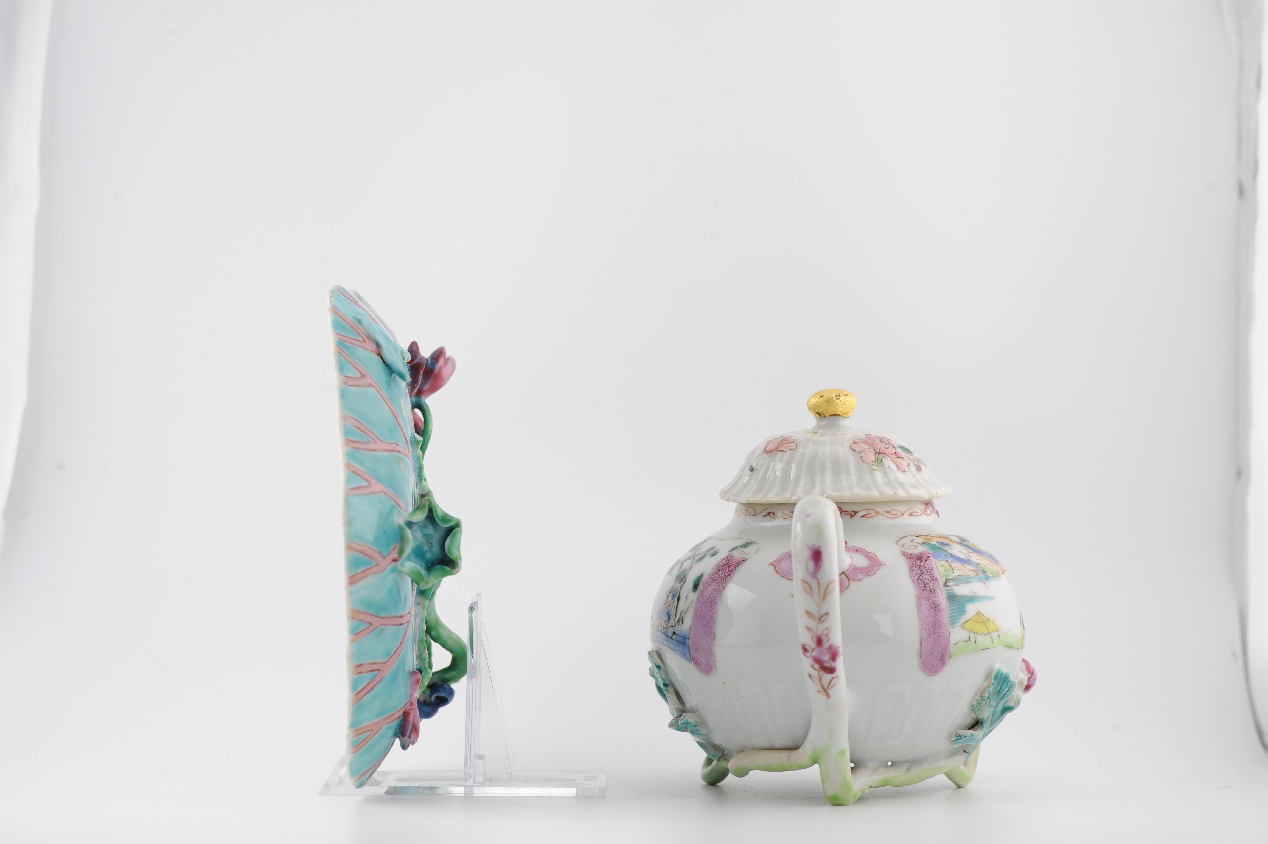 18th Century and Earlier Antique Chinese Teapot and Pattipan with Relief Flowers Yongzheng Porcelain Chin For Sale