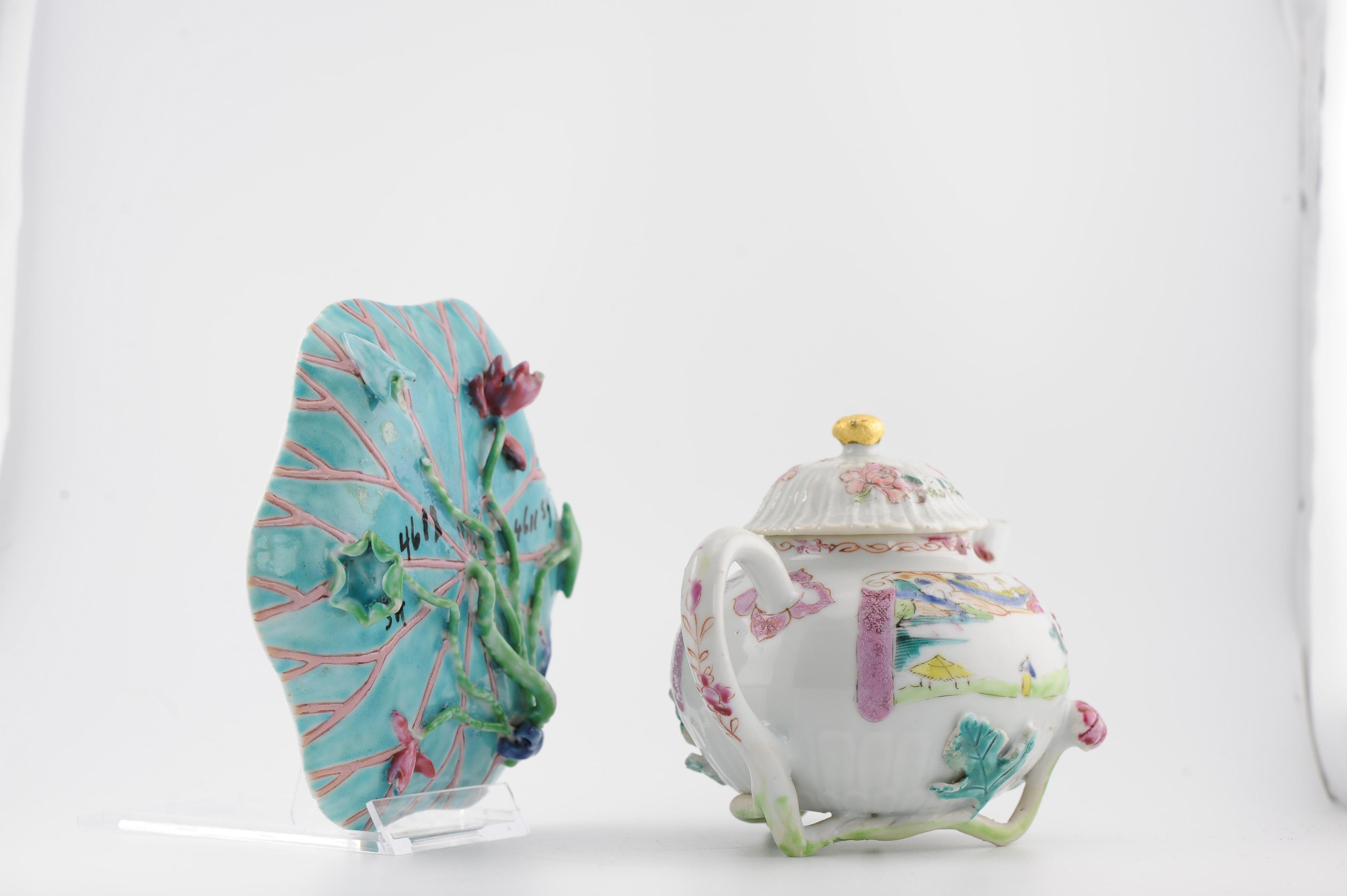 Antique Chinese Teapot and Pattipan with Relief Flowers Yongzheng Porcelain Chin For Sale 4