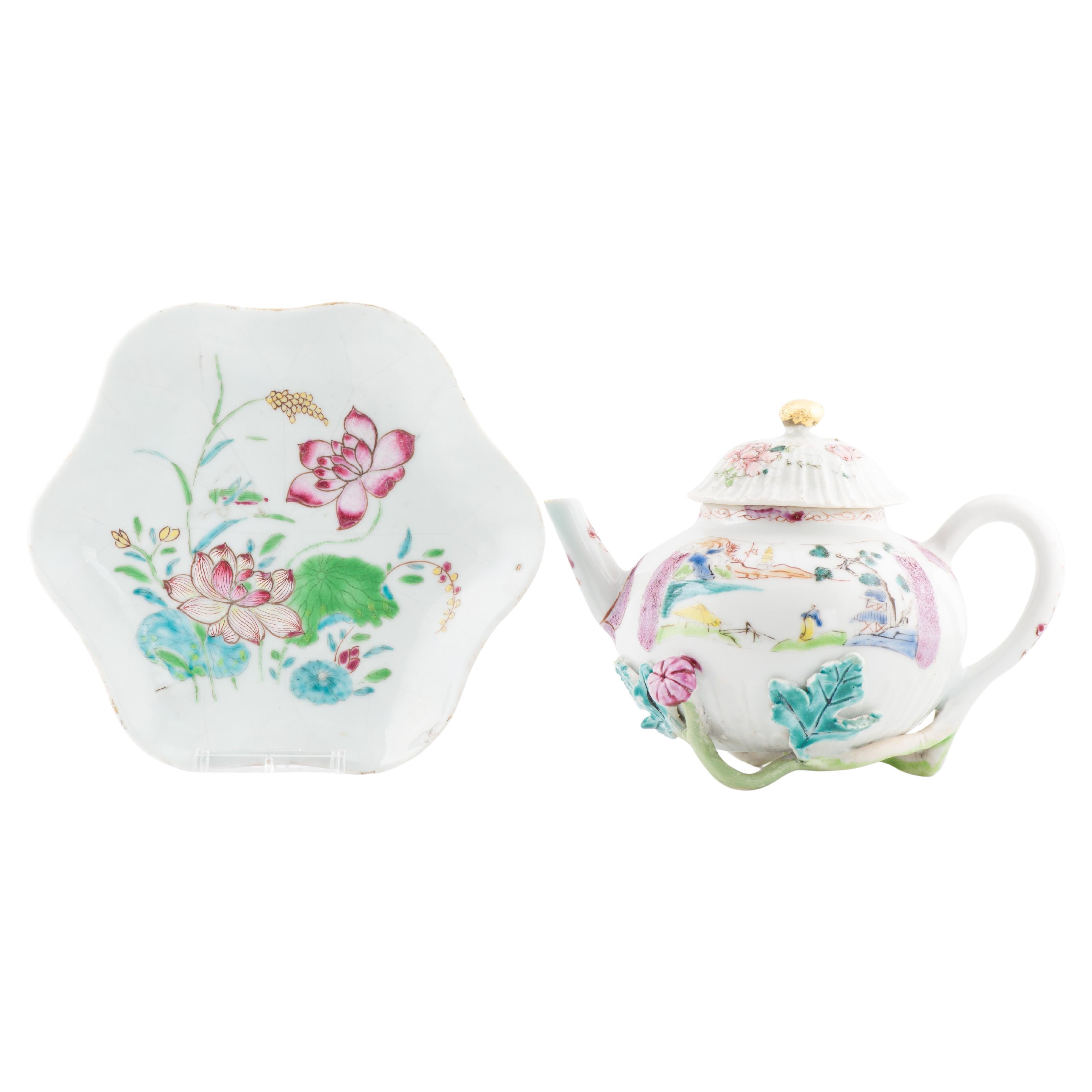 Antique Chinese Teapot and Pattipan with Relief Flowers Yongzheng Porcelain Chin For Sale