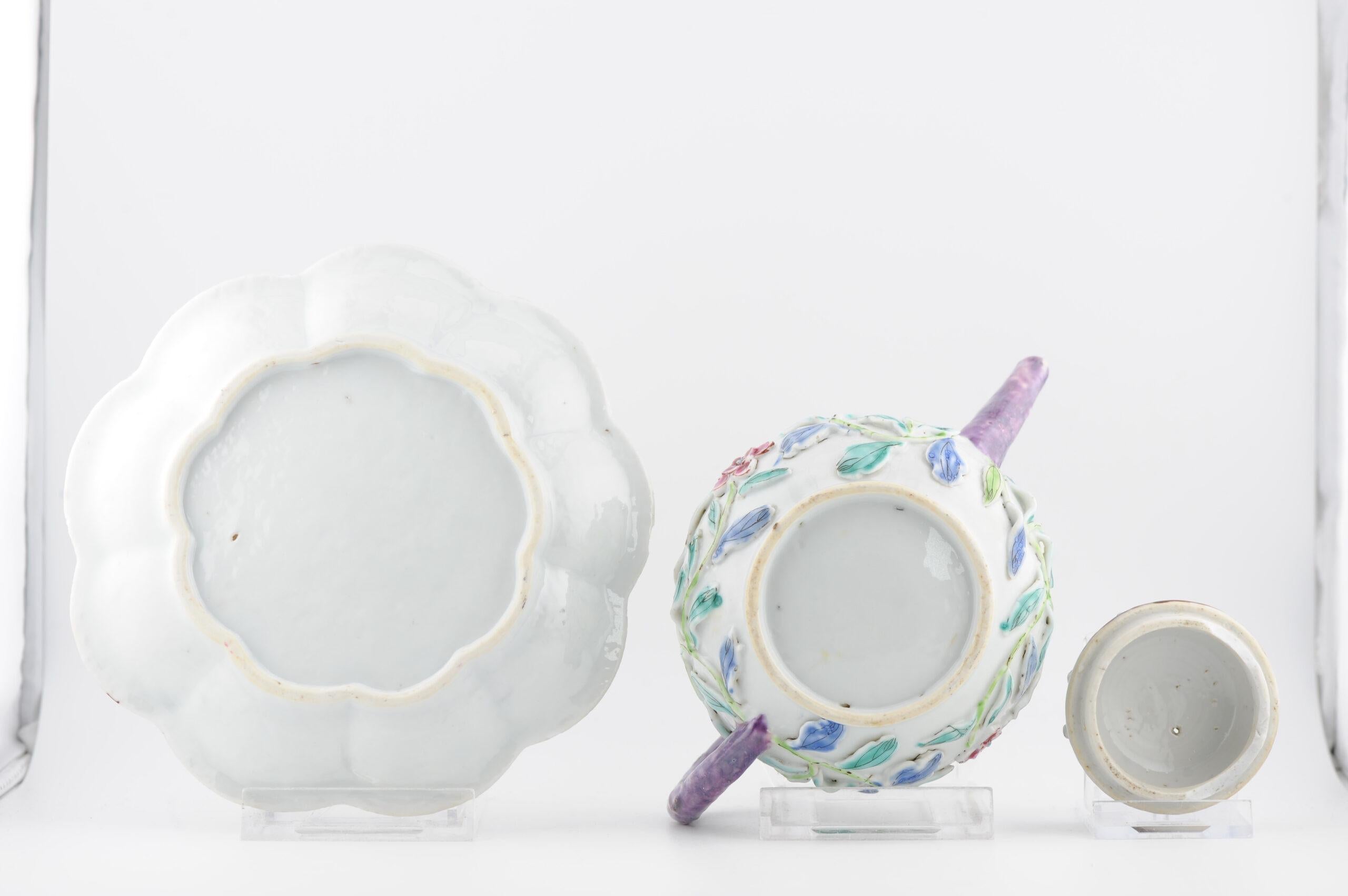 18th Century and Earlier Antique Chinese Teapot and Pattipan with Relief Flowers Yongzheng Porcelain