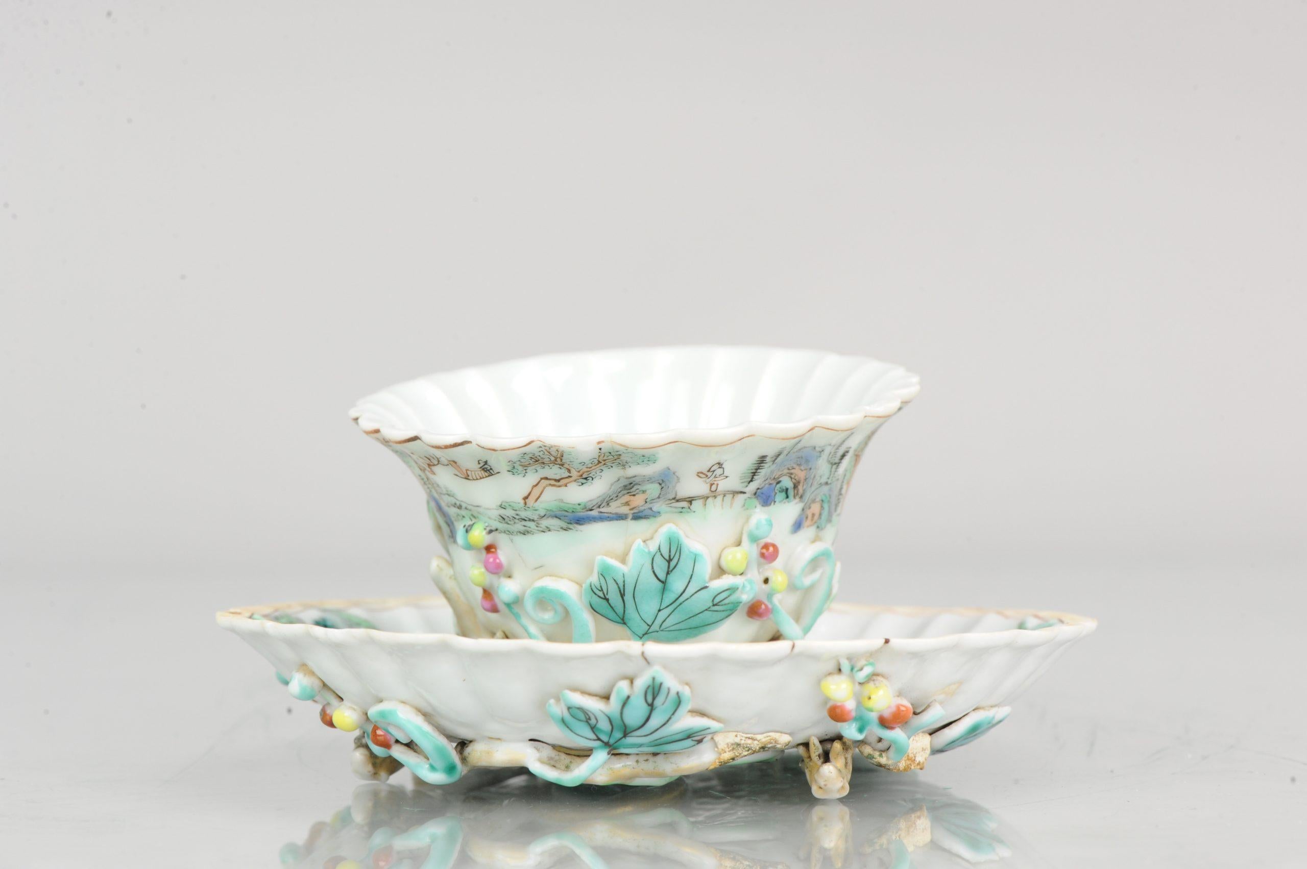 Antique Chinese Cup Saucer Yongzheng/Qianlong Relief Landscape Tea Bowl Qing For Sale 5