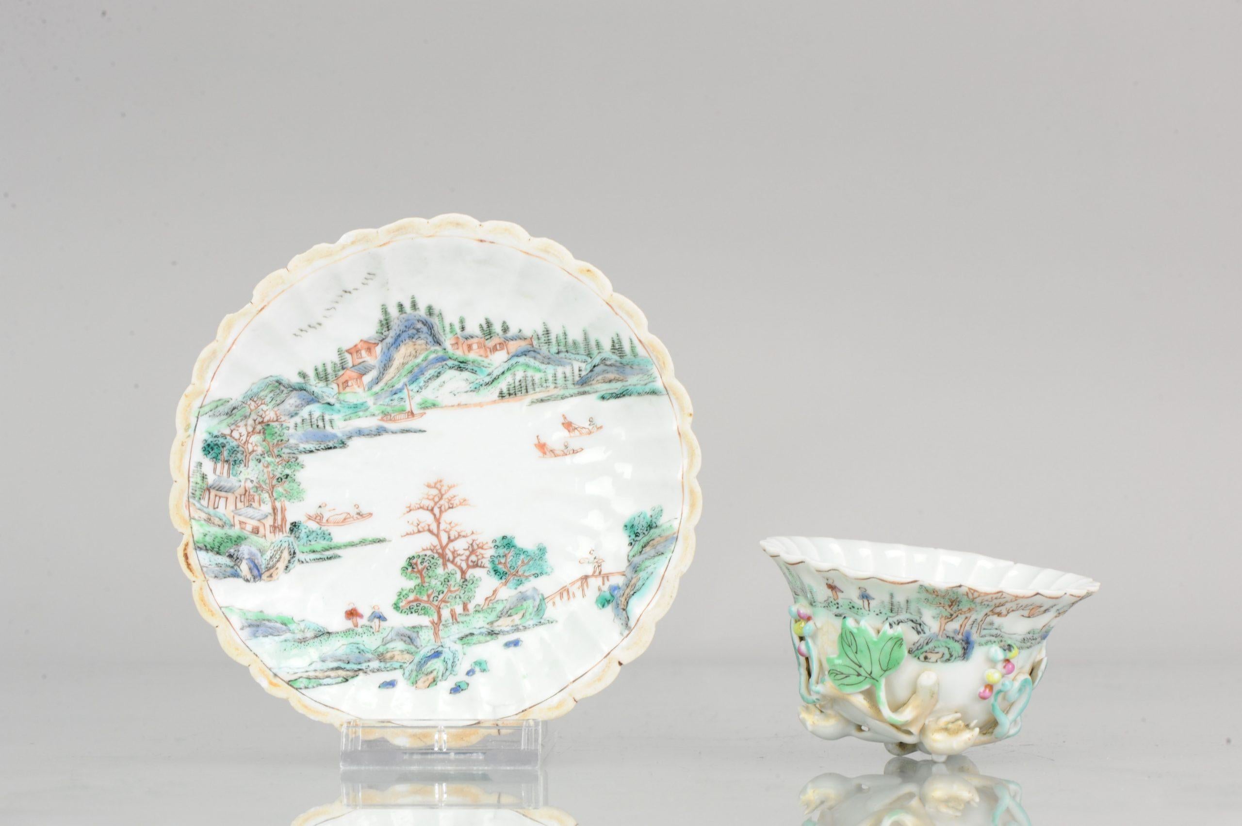 Antique Chinese Cup Saucer Yongzheng/Qianlong Relief Landscape Tea Bowl Qing For Sale 8
