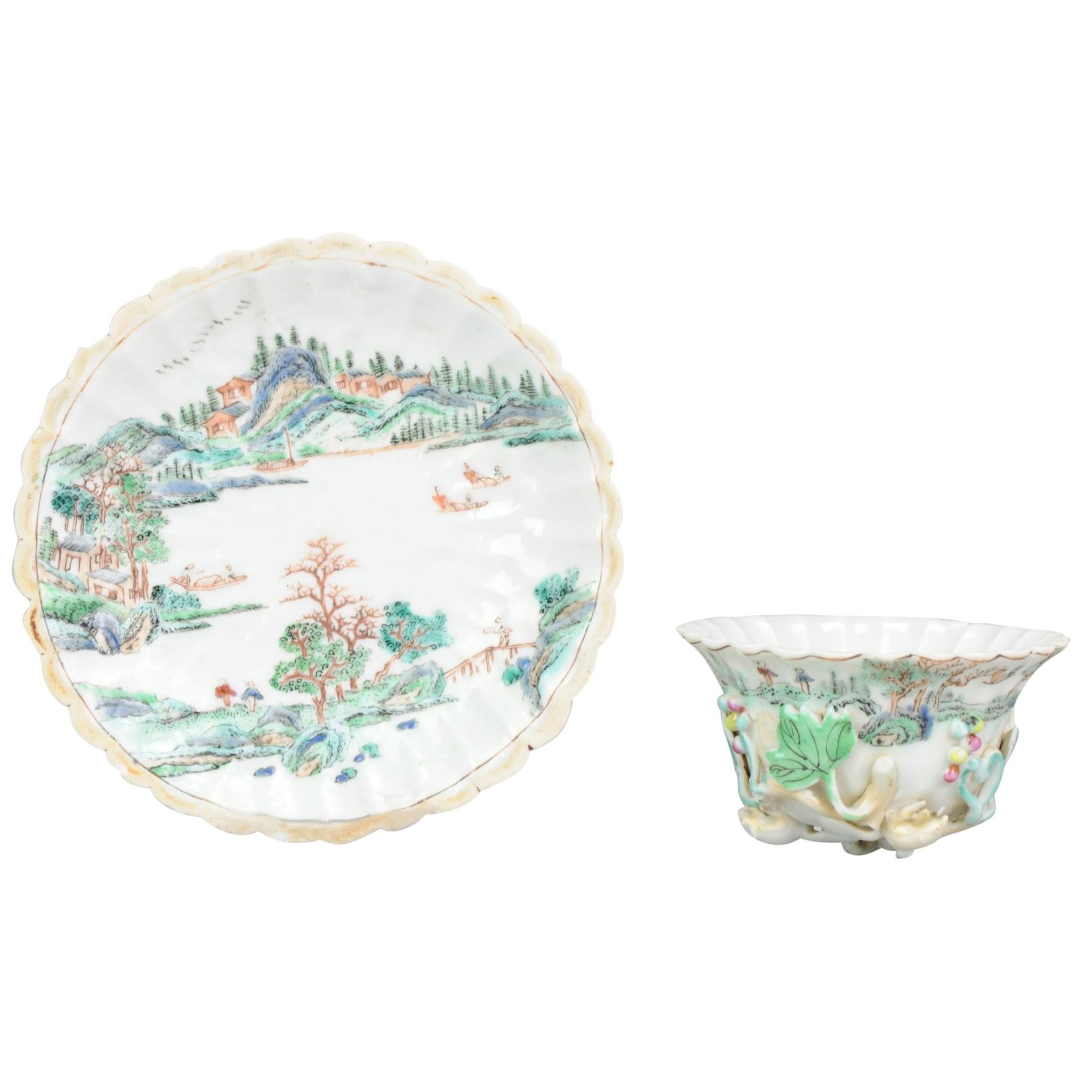 Antique Chinese Cup Saucer Yongzheng/Qianlong Relief Landscape Tea Bowl Qing For Sale