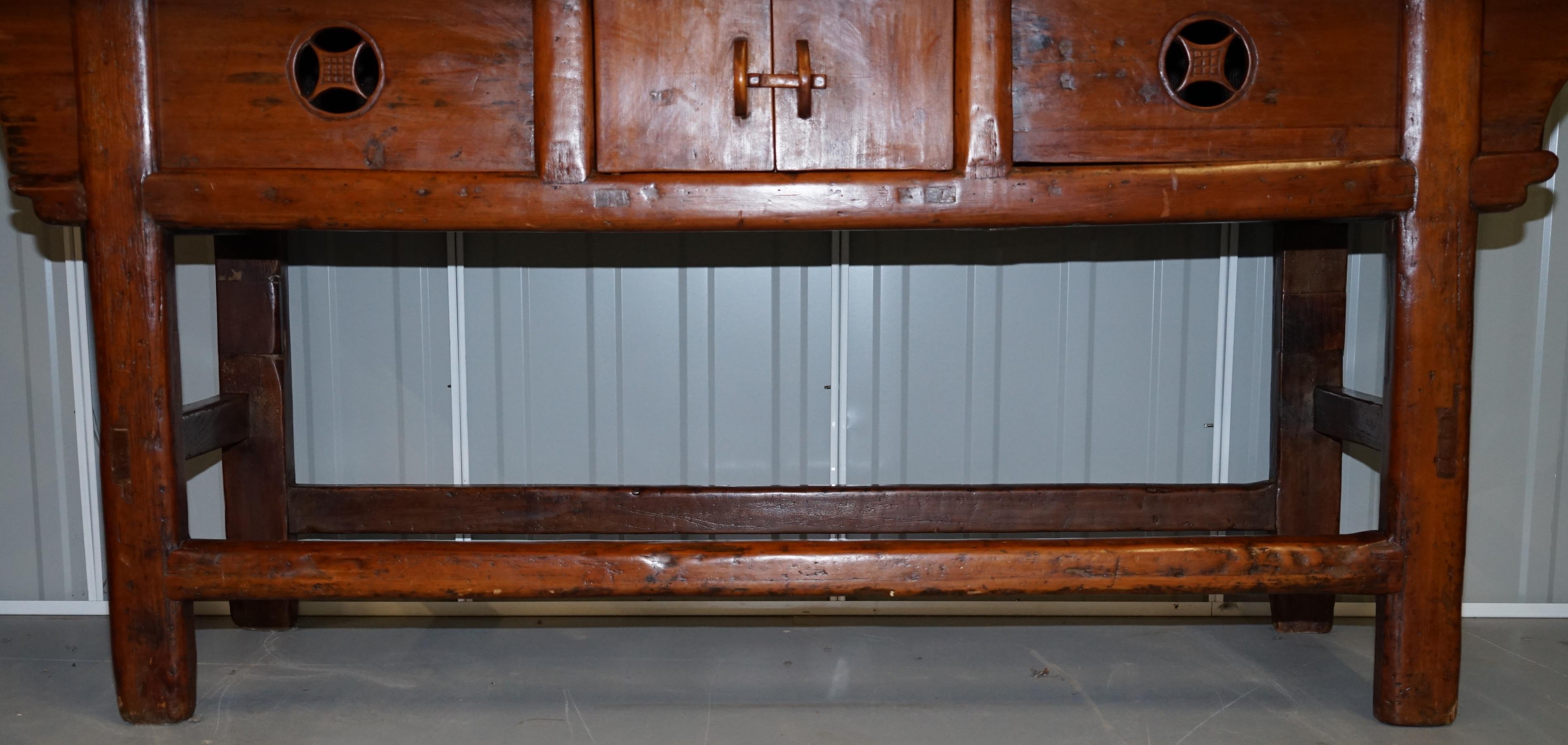 Antique Chinese Temple Alter Sideboard with Cupboards in Solid Teak Reddish For Sale 4