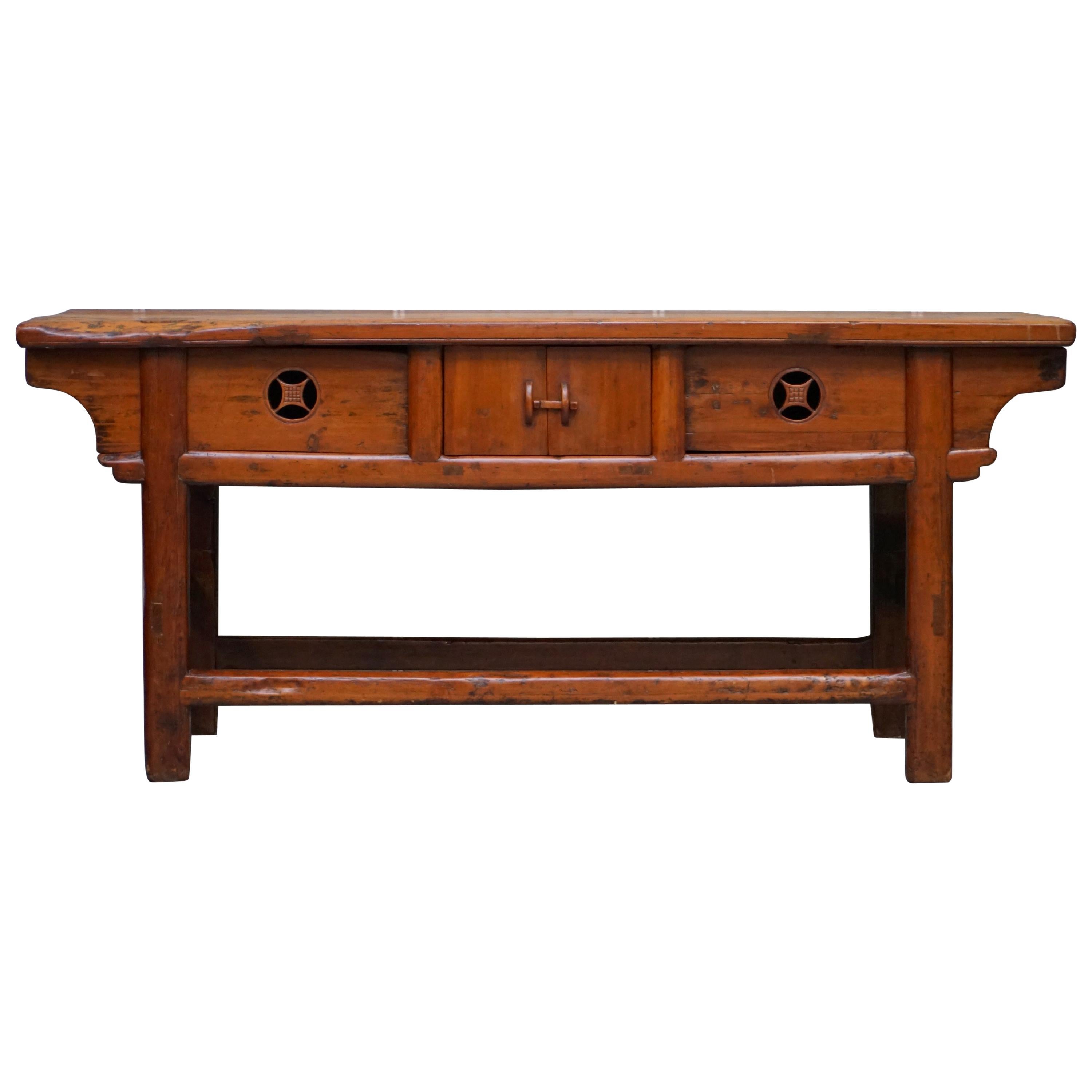 Antique Chinese Temple Alter Sideboard with Cupboards in Solid Teak Reddish For Sale