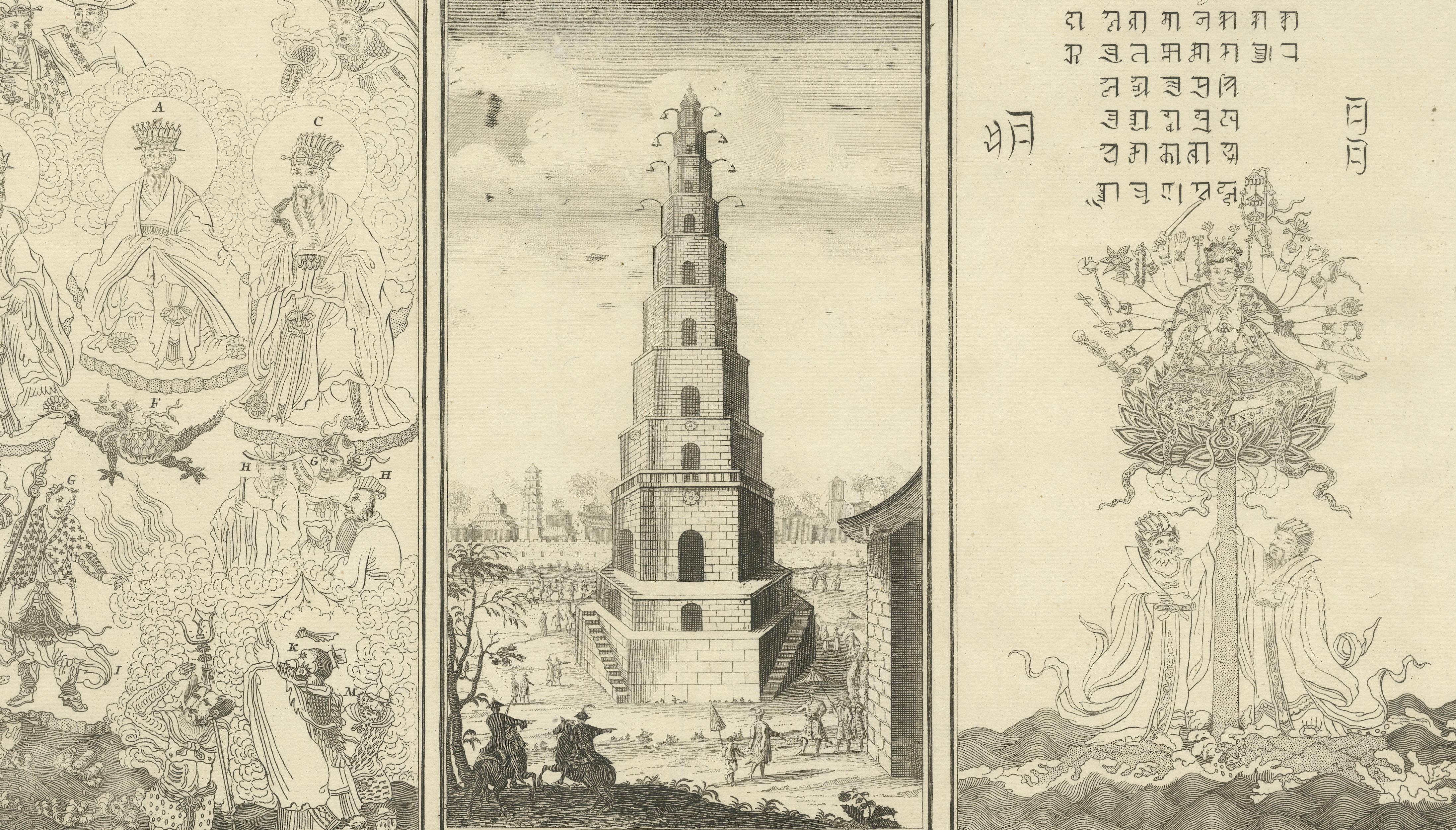 Antique Chinese Temple & Pagoda Engraving — Chatelain, 1719