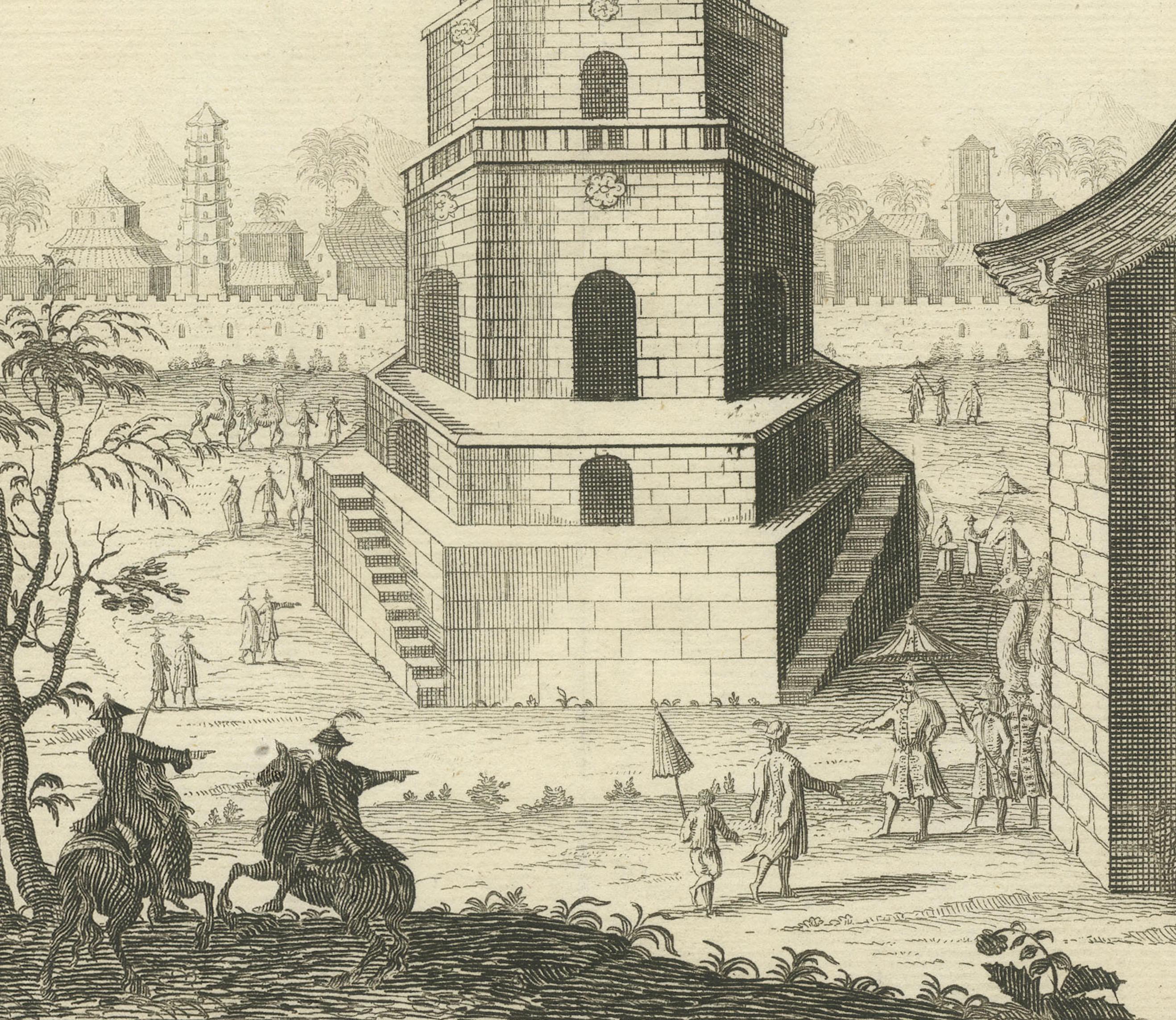 Antique Chinese Temple & Pagoda Engraving — Chatelain, 1719