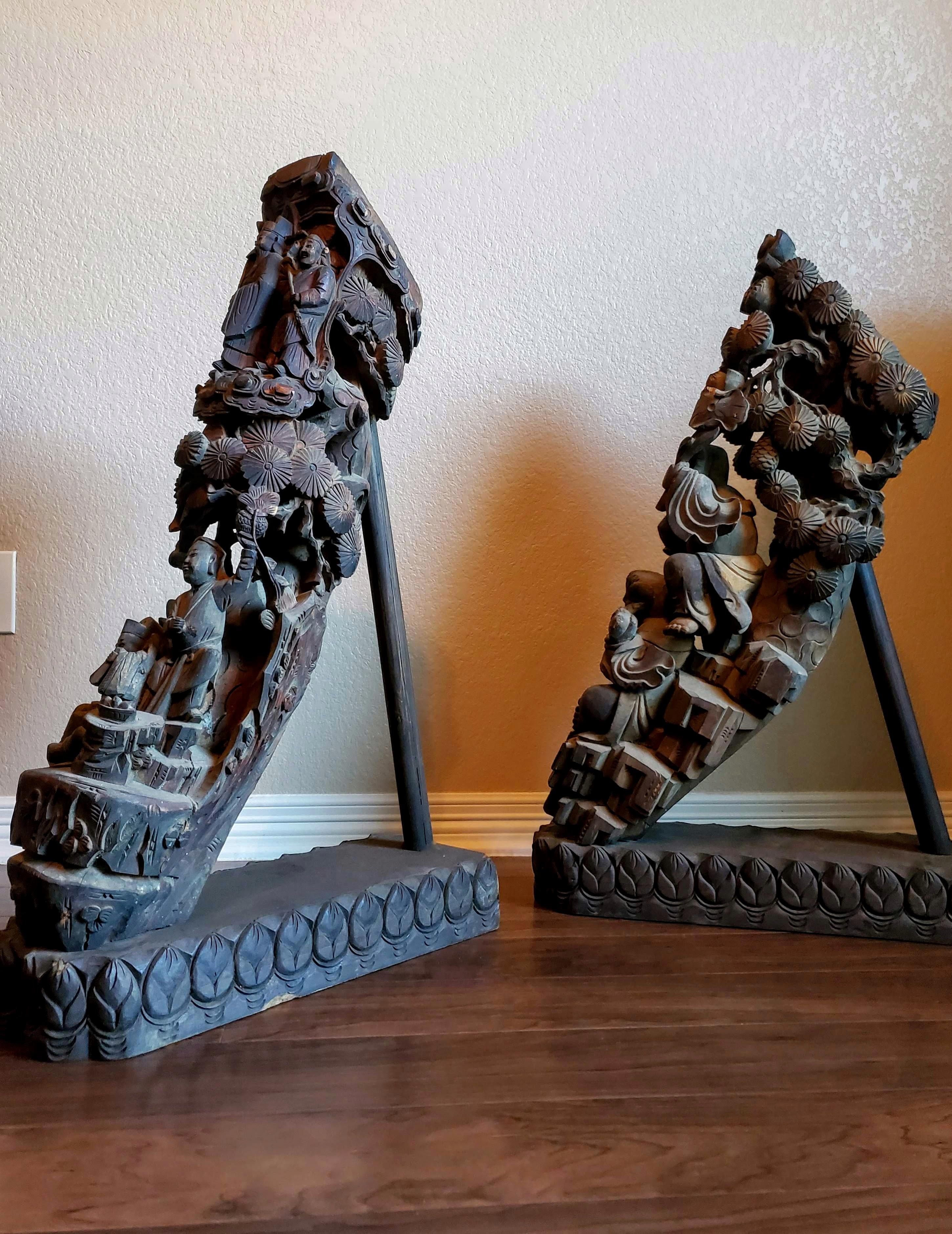 19th Century Chinese Temple Architectural Corbel Carved Sculpture Pair  For Sale 6