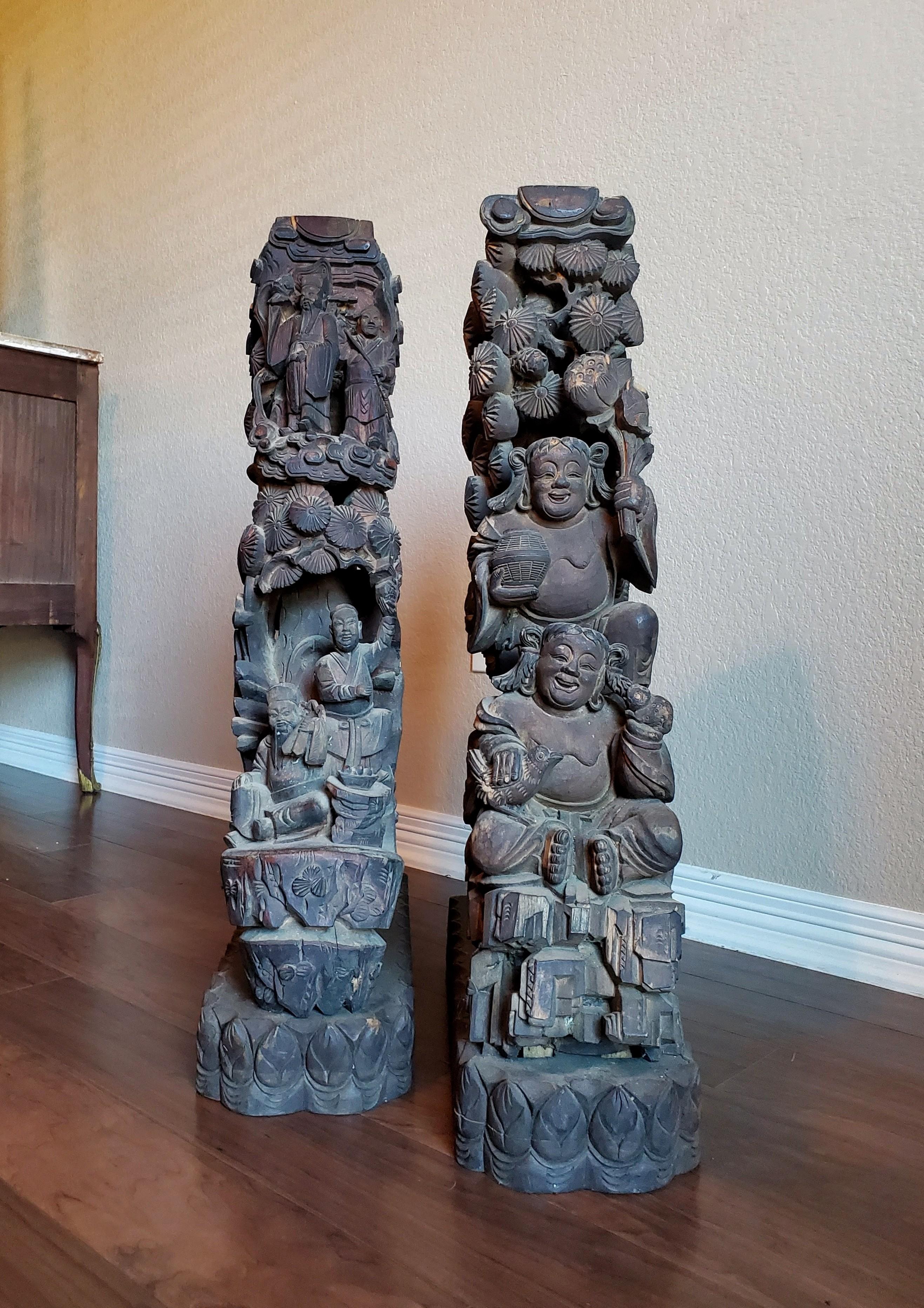 19th Century Chinese Temple Architectural Corbel Carved Sculpture Pair  For Sale 11