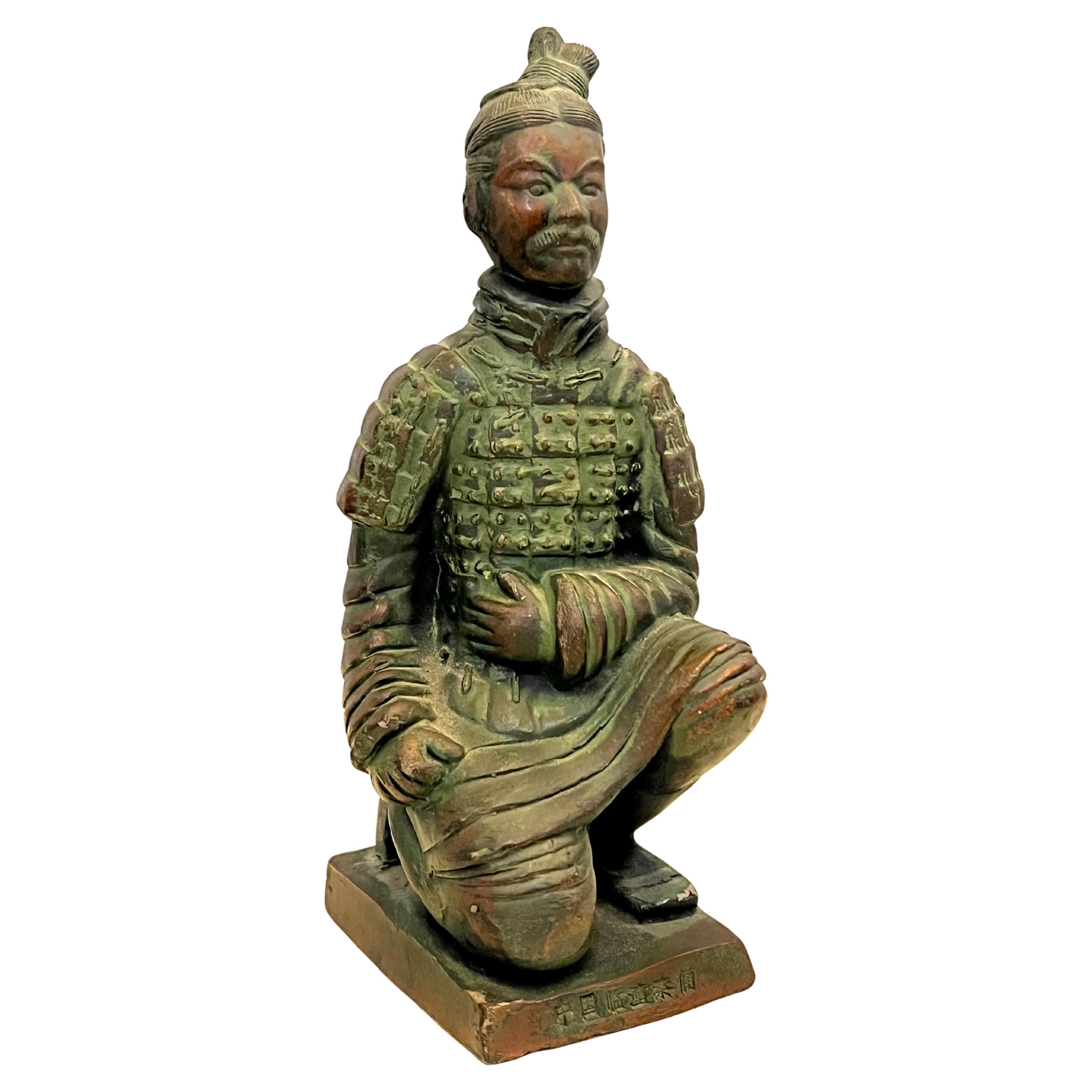 Antique Chinese Terracotta Bronze Finish Army Kneeling Warrior Sculpture For Sale
