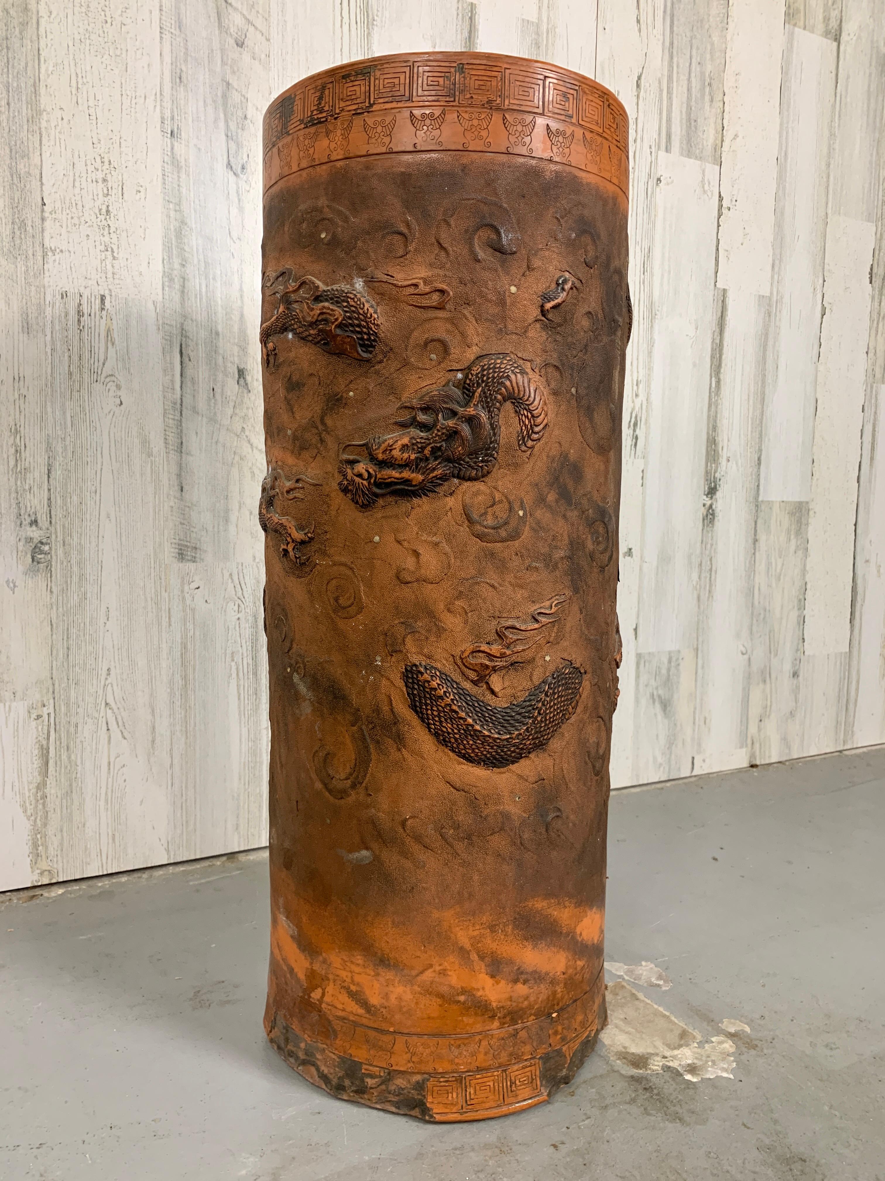 Antique Chinese Terracotta Red Dragon Umbrella Stand For Sale 5