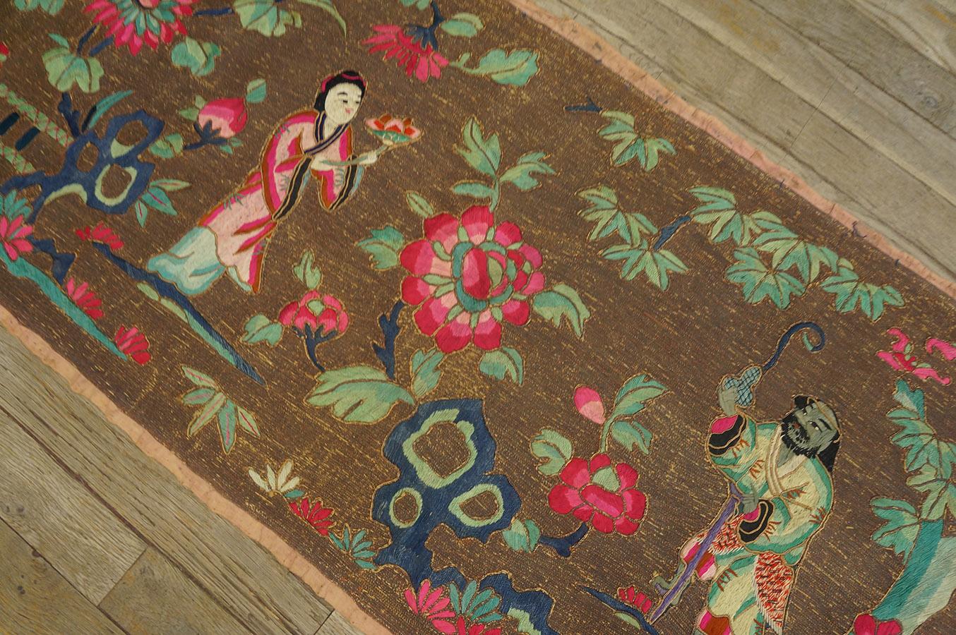 Wool Late 19th Century Chinese Silk & Metal Embroidery ( 1' 9'' x 12' 9''-53 x 387 ) For Sale