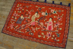 1930s Red Eight Immortals Chinese Silk Pictorial Embroidery 2' x 3' Carpet Rug