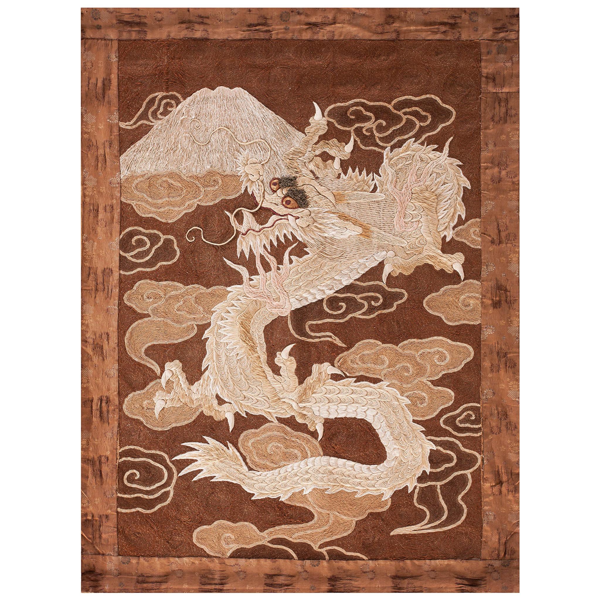 Late 19th Century Chinese Wool & Silk Dragon Embroidery (2'10" x 4' - 86 x 122) For Sale