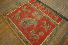 1920s Red Guardian Lions Antique Silk Chinese Embroidery 3' x 3' 6" Woven Rug