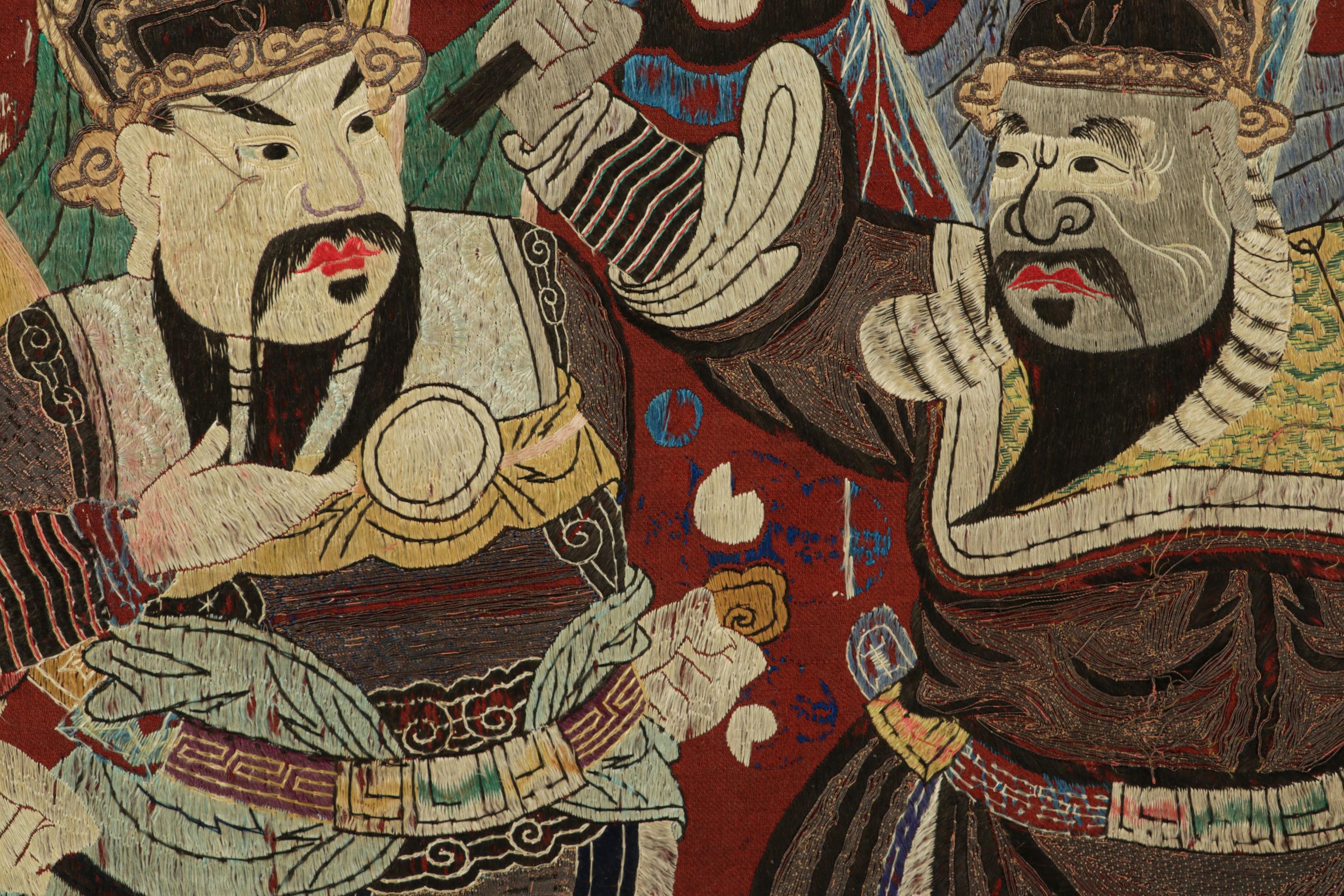 Hand-Woven Antique Chinese Textile Runner in Red with Opera Pictorials  Rug & Kilim For Sale