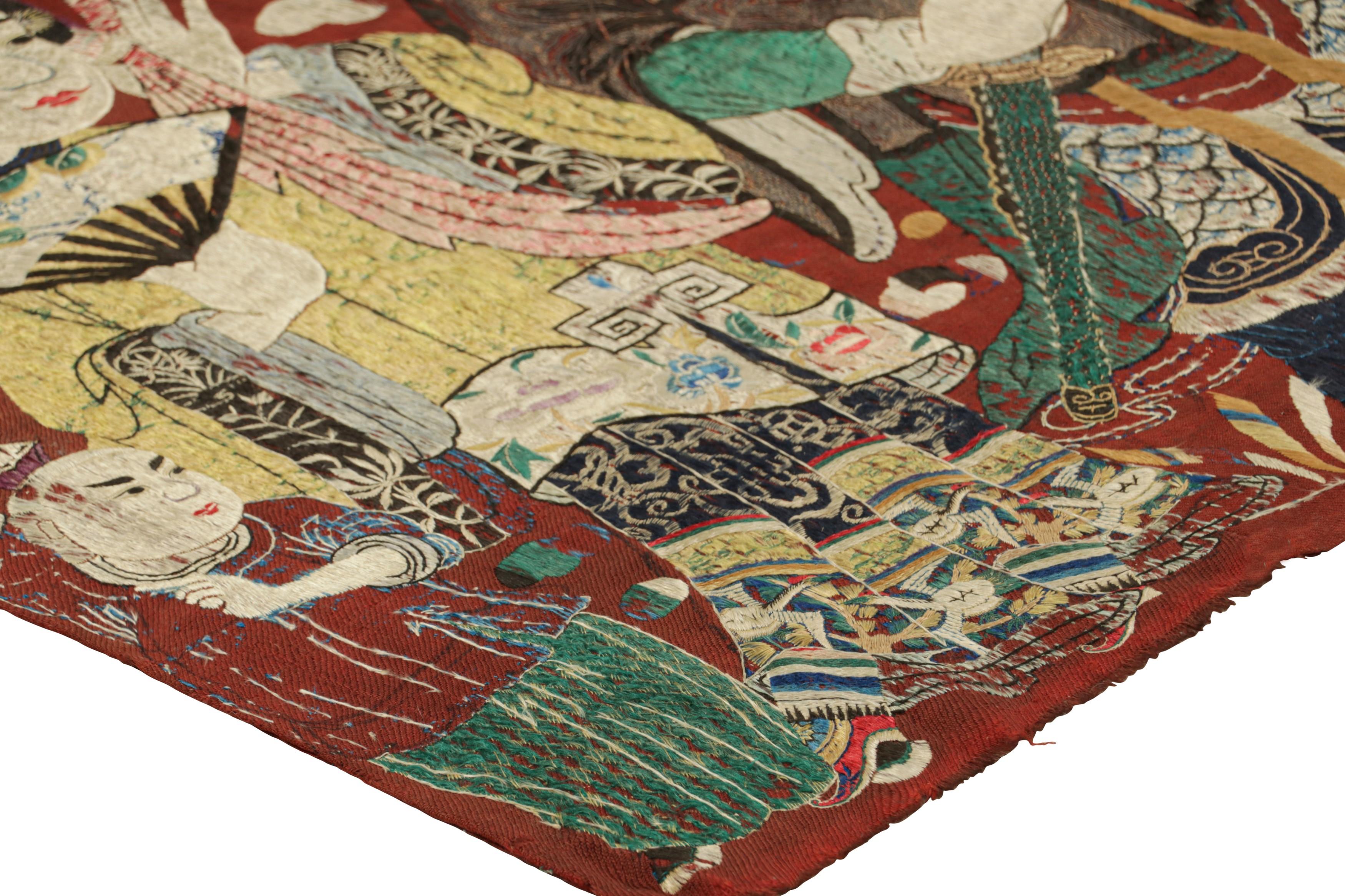 Silk Antique Chinese Textile Runner in Red with Opera Pictorials  Rug & Kilim For Sale