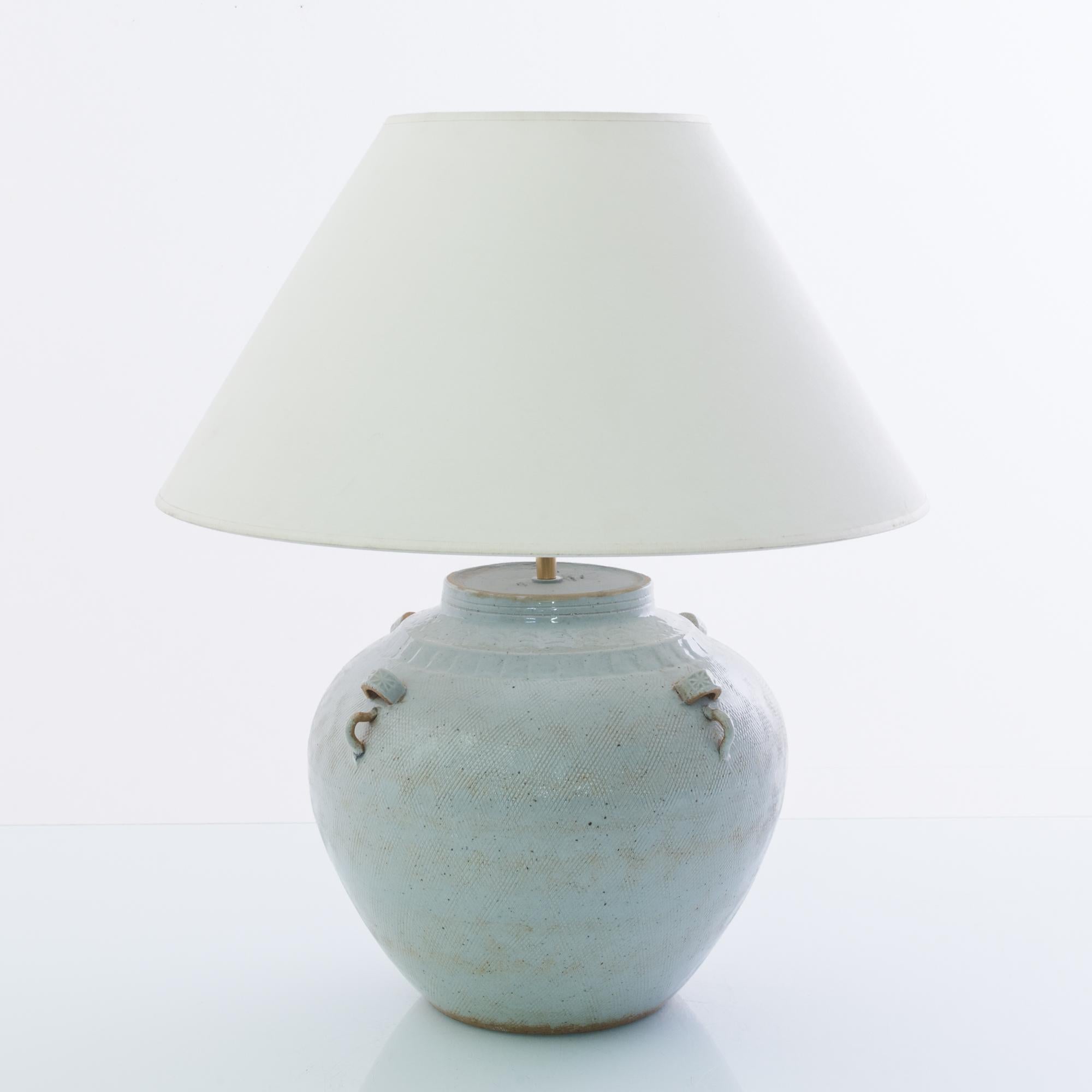 Contemporary Antique Chinese Textured Light Blue Ceramic Vase Table Lamp