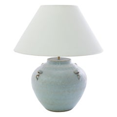 Antique Chinese Textured Light Blue Ceramic Vase Table Lamp