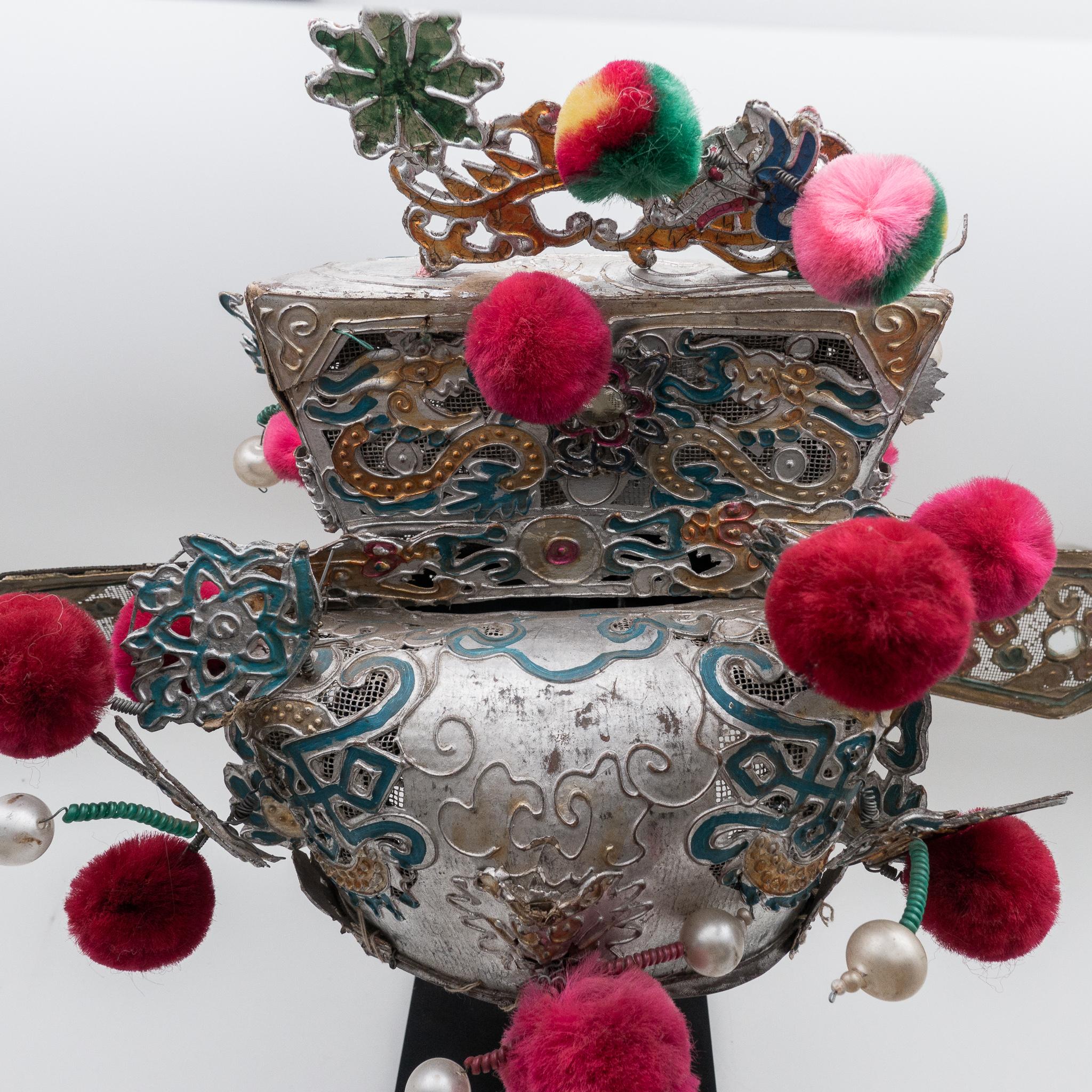 Qing Vintage Chinese Theatre Opera Headdress, Silver/Turquoise, Rubine Red Pom-Poms For Sale