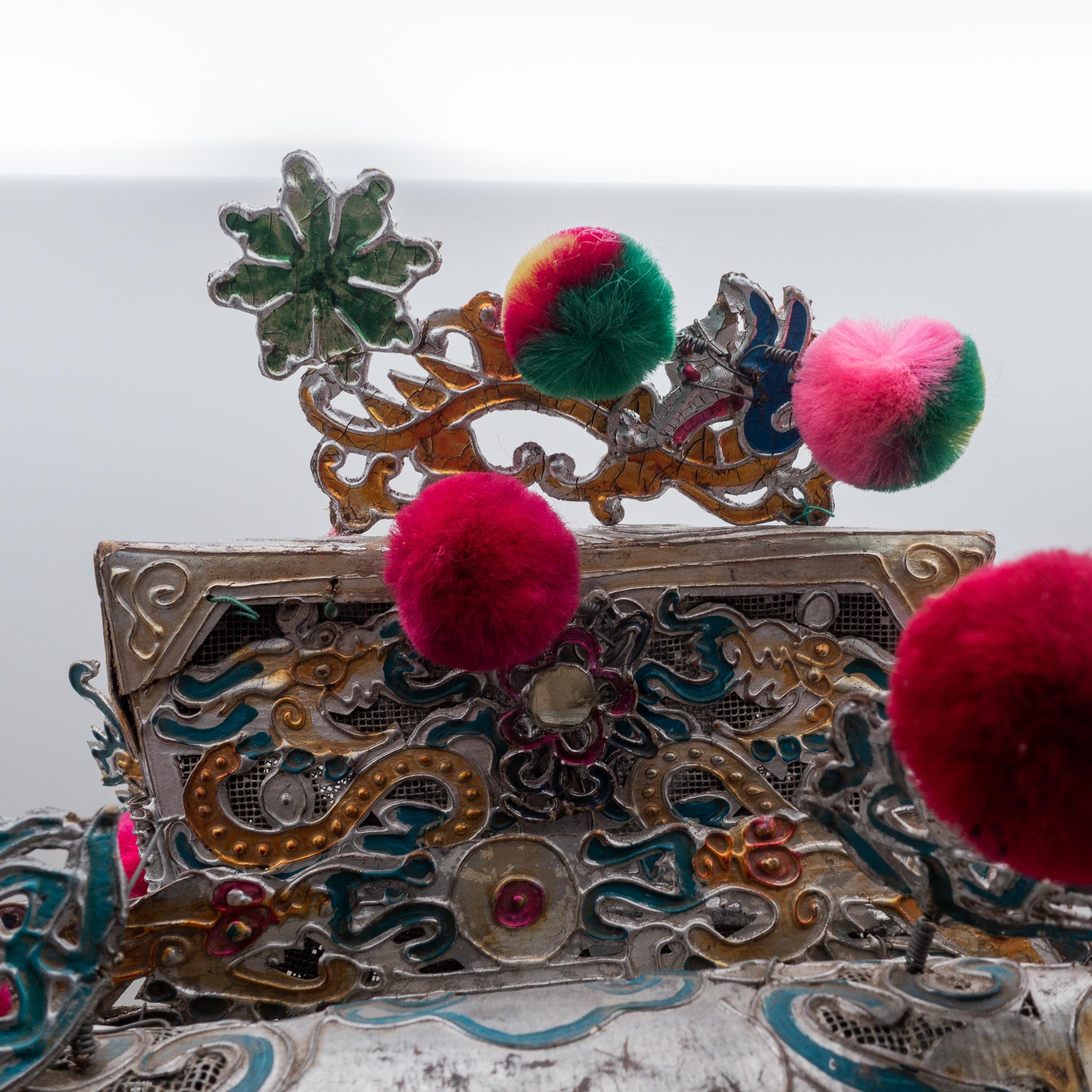 Vintage Chinese Theatre Opera Headdress, Silver/Turquoise, Rubine Red Pom-Poms In Good Condition For Sale In New York, NY