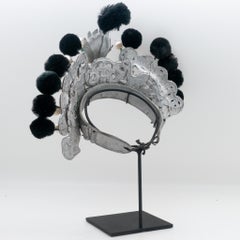 Antique Chinese Theatre Opera Headdress, Turquoise/Silver, Black Pom-Poms