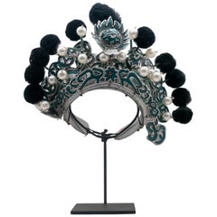 Antikes antikes chinesisches Theater Opern-Kopfkleid, Türkis/Silber, schwarze Pom-Poms