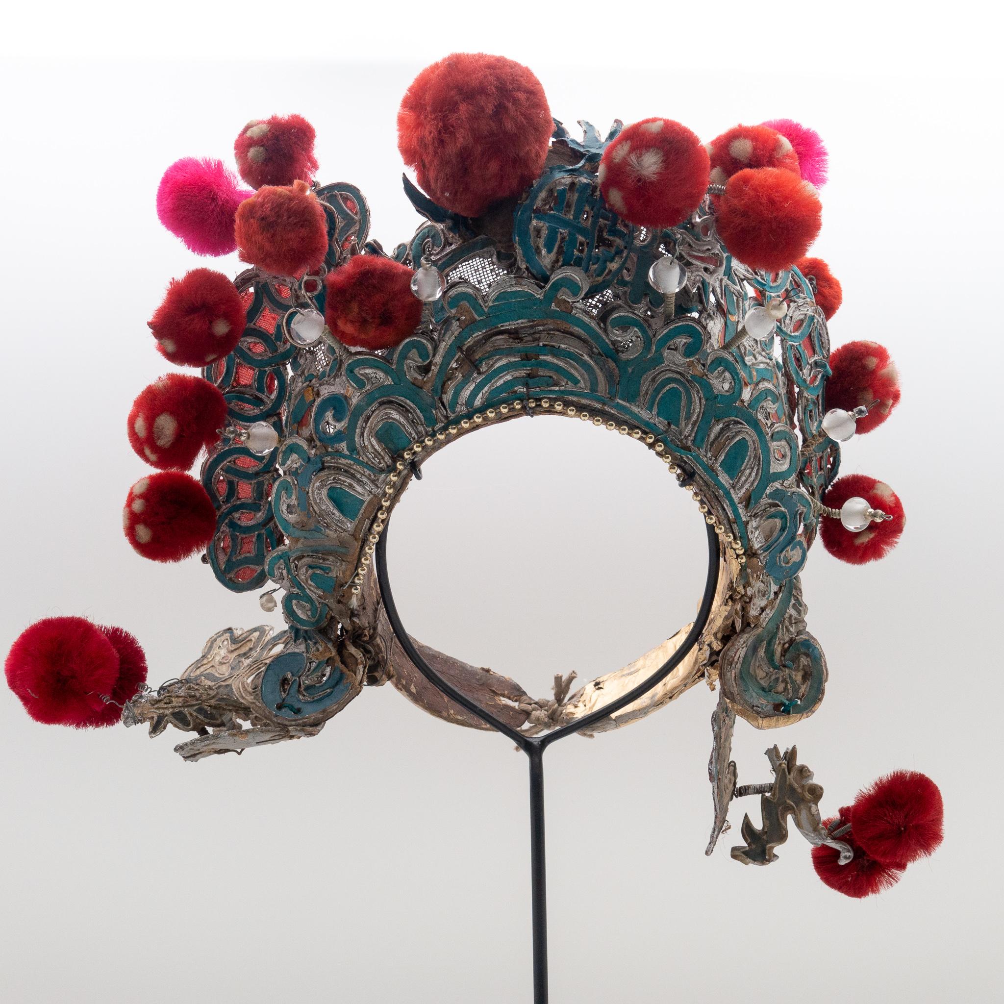 Antique Chinese Theatre Opera Headdress, Turquoise/Silver, Red/Fuchsia Pom-Poms In Good Condition In New York, NY