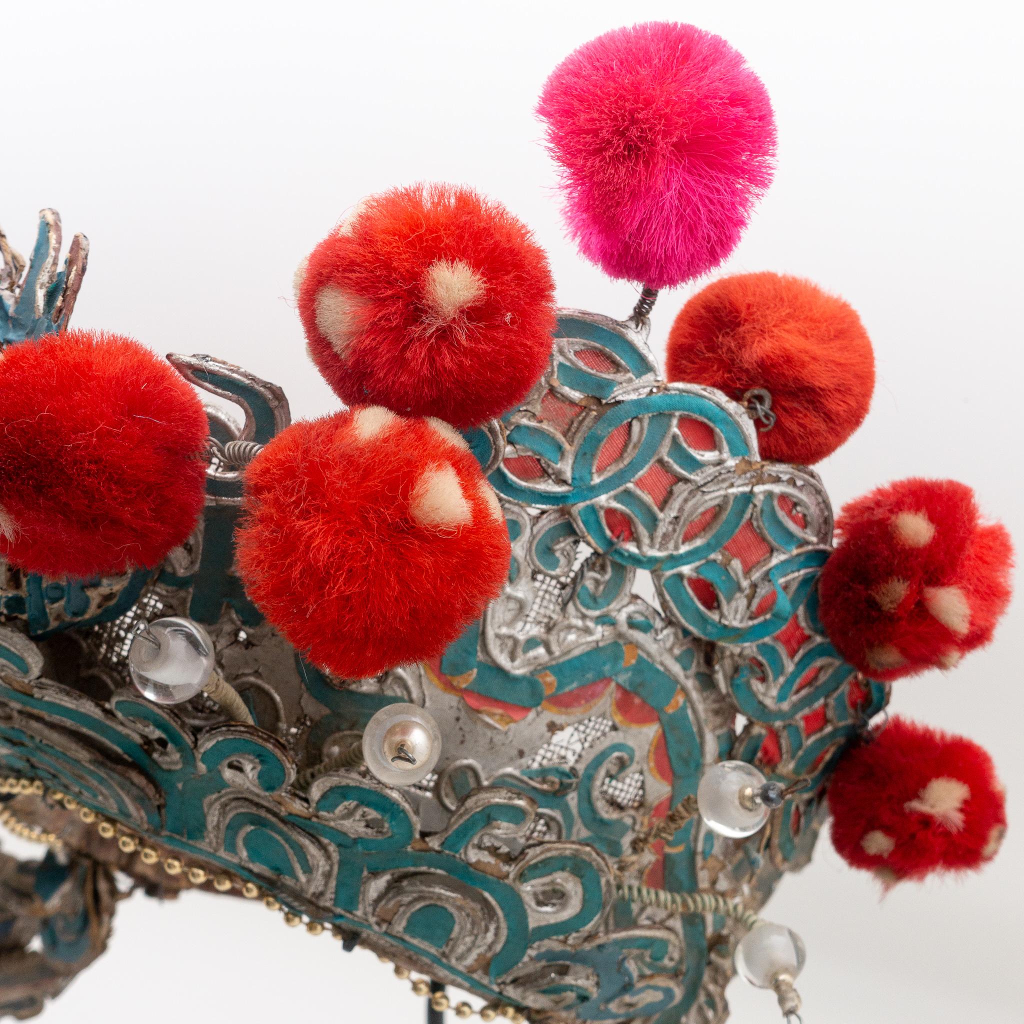 Metal Antique Chinese Theatre Opera Headdress, Turquoise/Silver, Red/Fuchsia Pom-Poms