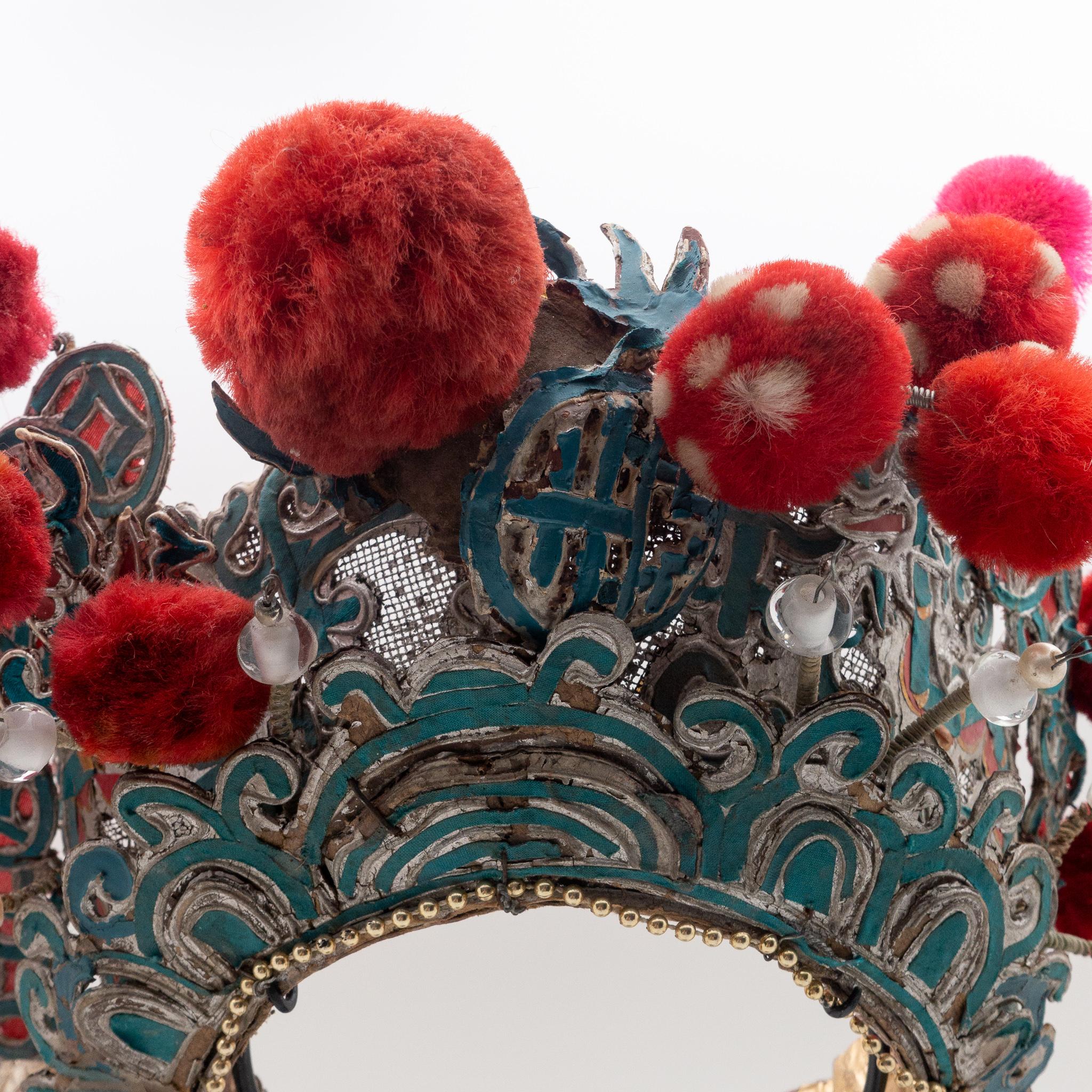 Antique Chinese Theatre Opera Headdress, Turquoise/Silver, Red/Fuchsia Pom-Poms 1
