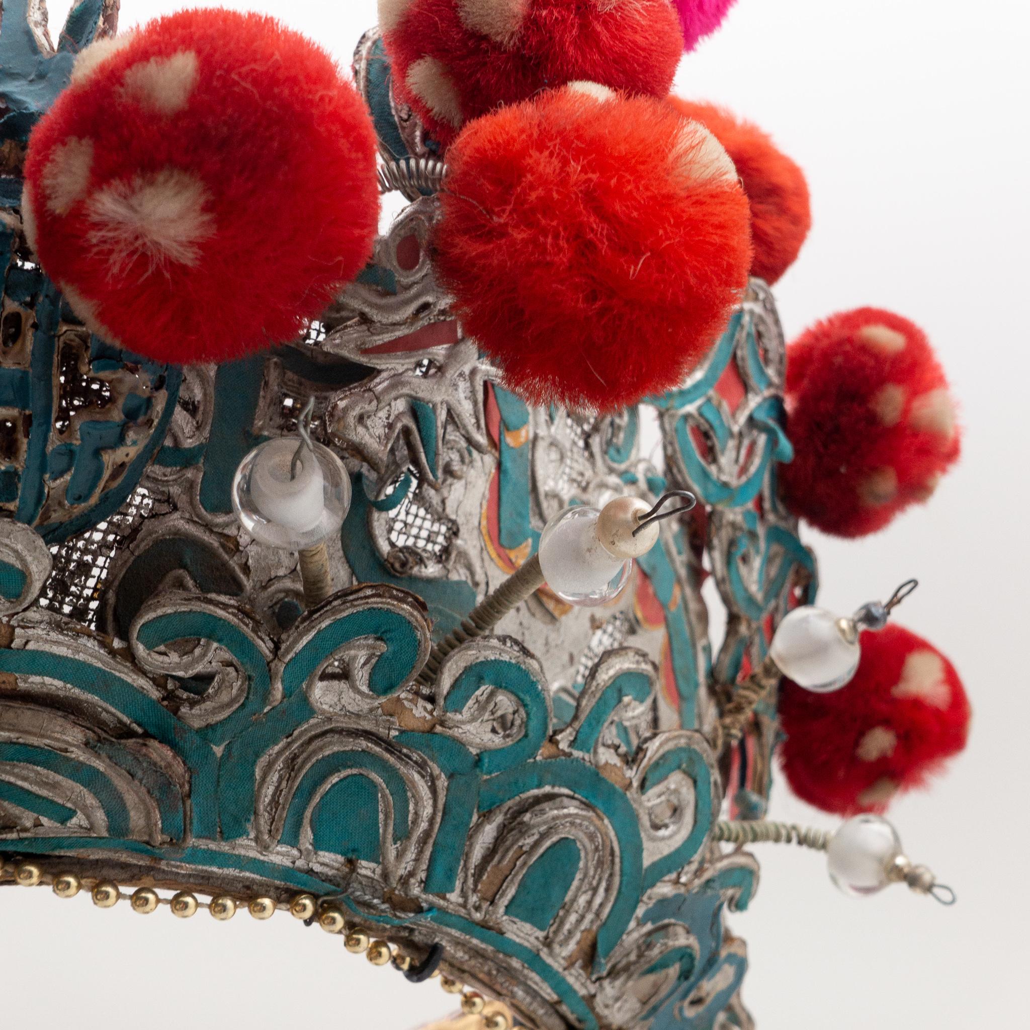 Antique Chinese Theatre Opera Headdress, Turquoise/Silver, Red/Fuchsia Pom-Poms 3