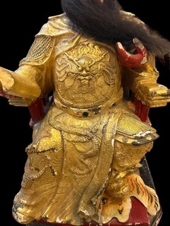Antique Chinese Thick‑Gilt Wood Carved Seated Guan Gong Reading Temple Statue