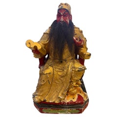 Antique Chinese Thick‑Gilt Wood Carved Seated Guan Gong Reading Temple Statue