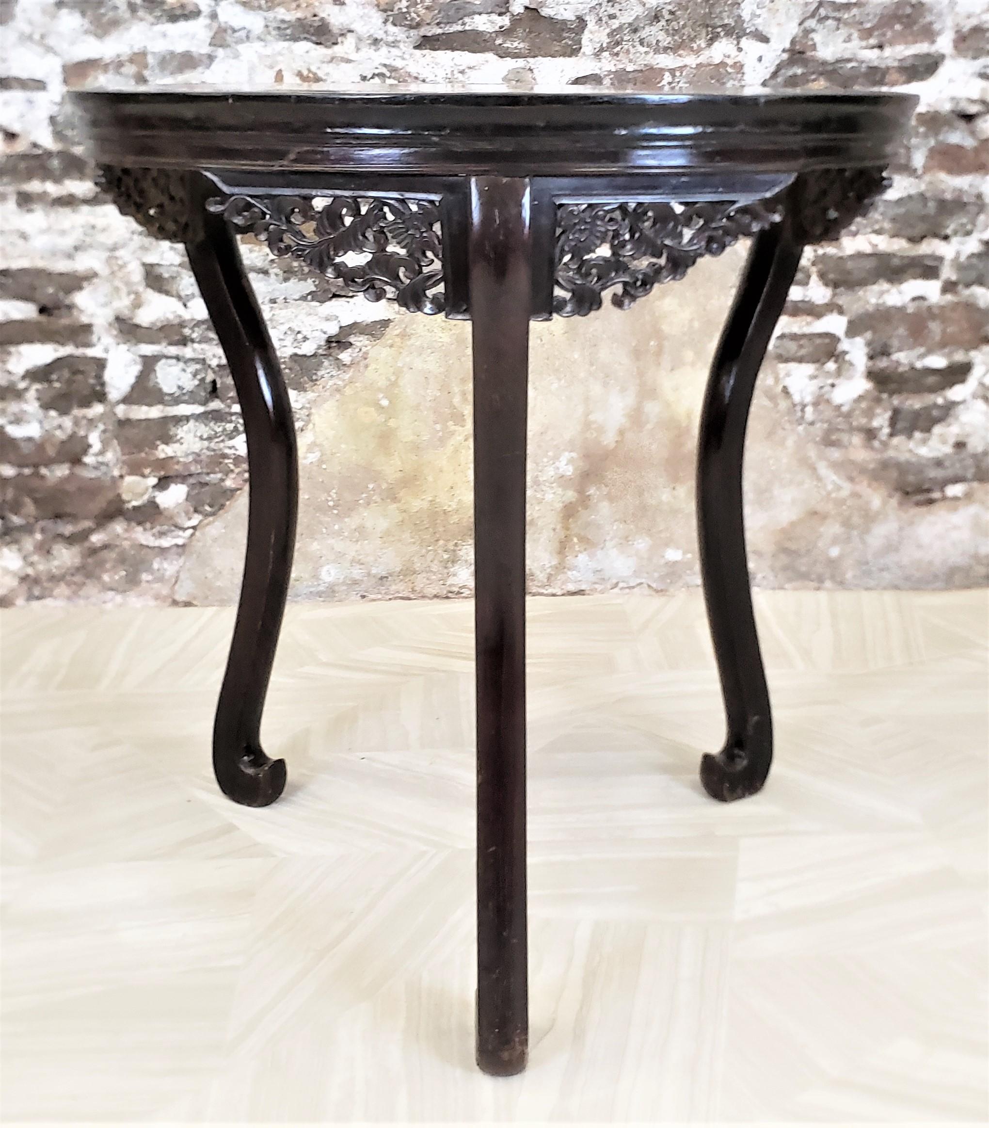 Antique Chinese Three-Legged Occasional Table with Inset Marble Top & Carving For Sale 8