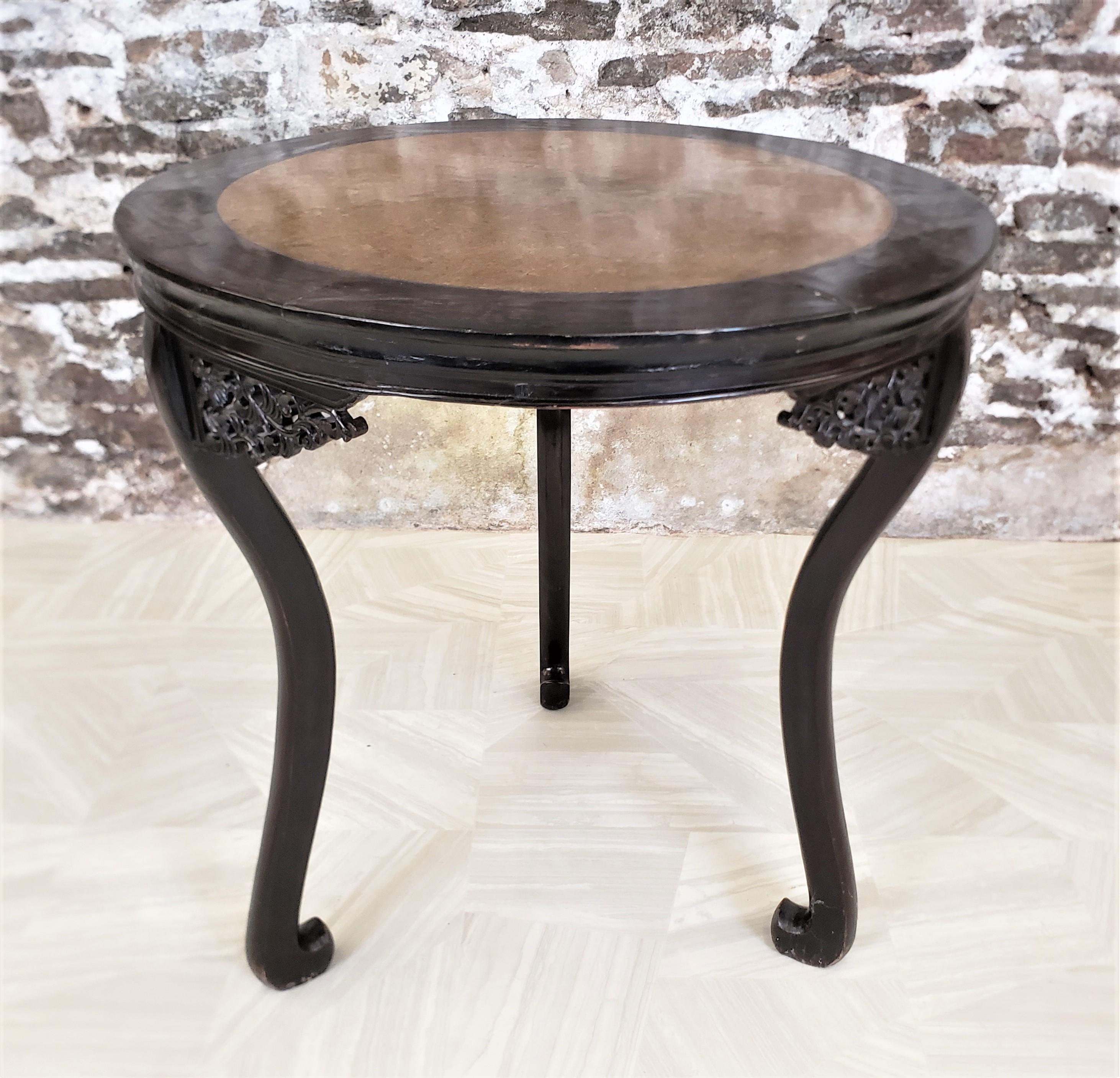 Chinese Export Antique Chinese Three-Legged Occasional Table with Inset Marble Top & Carving For Sale