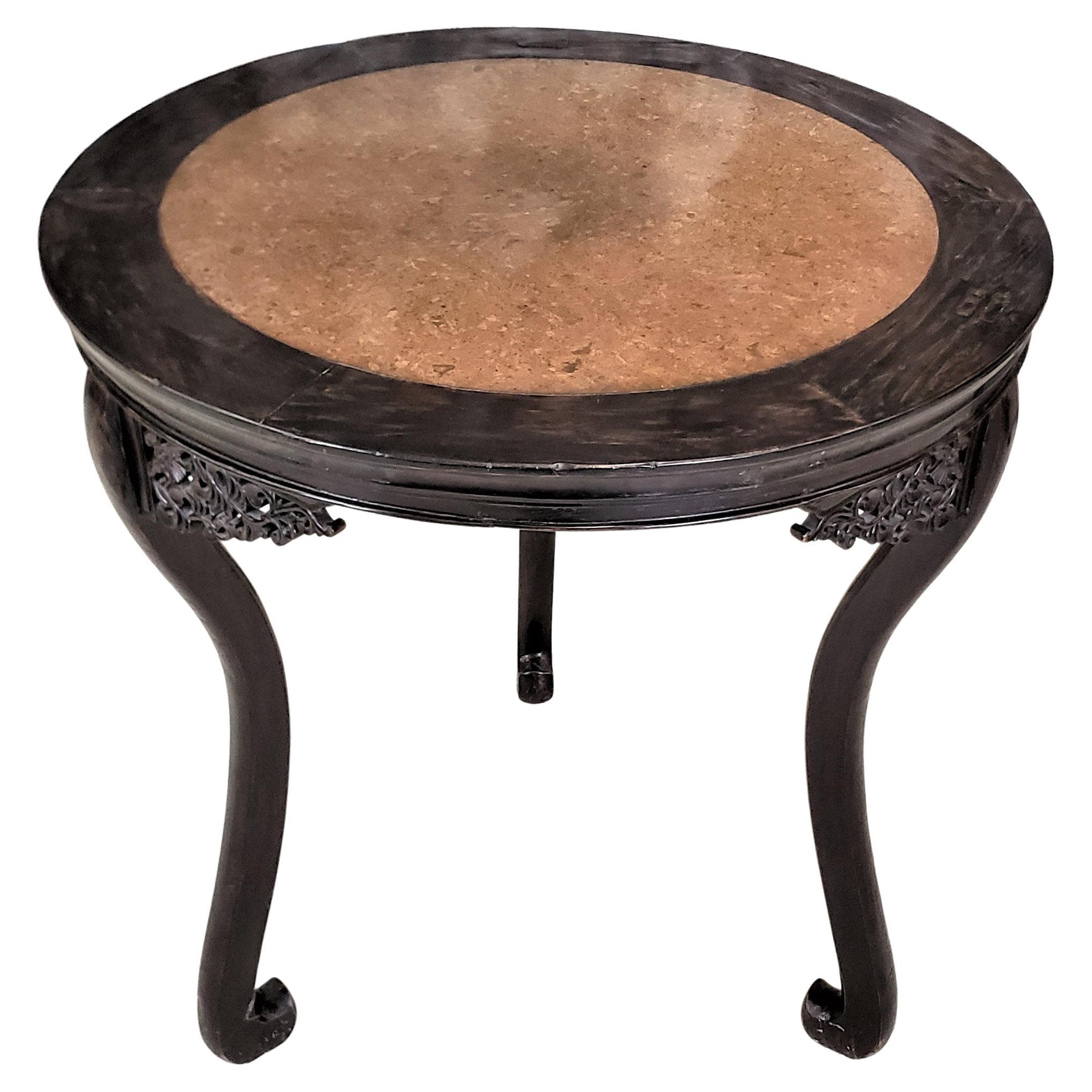 Antique Chinese Three-Legged Occasional Table with Inset Marble Top & Carving For Sale
