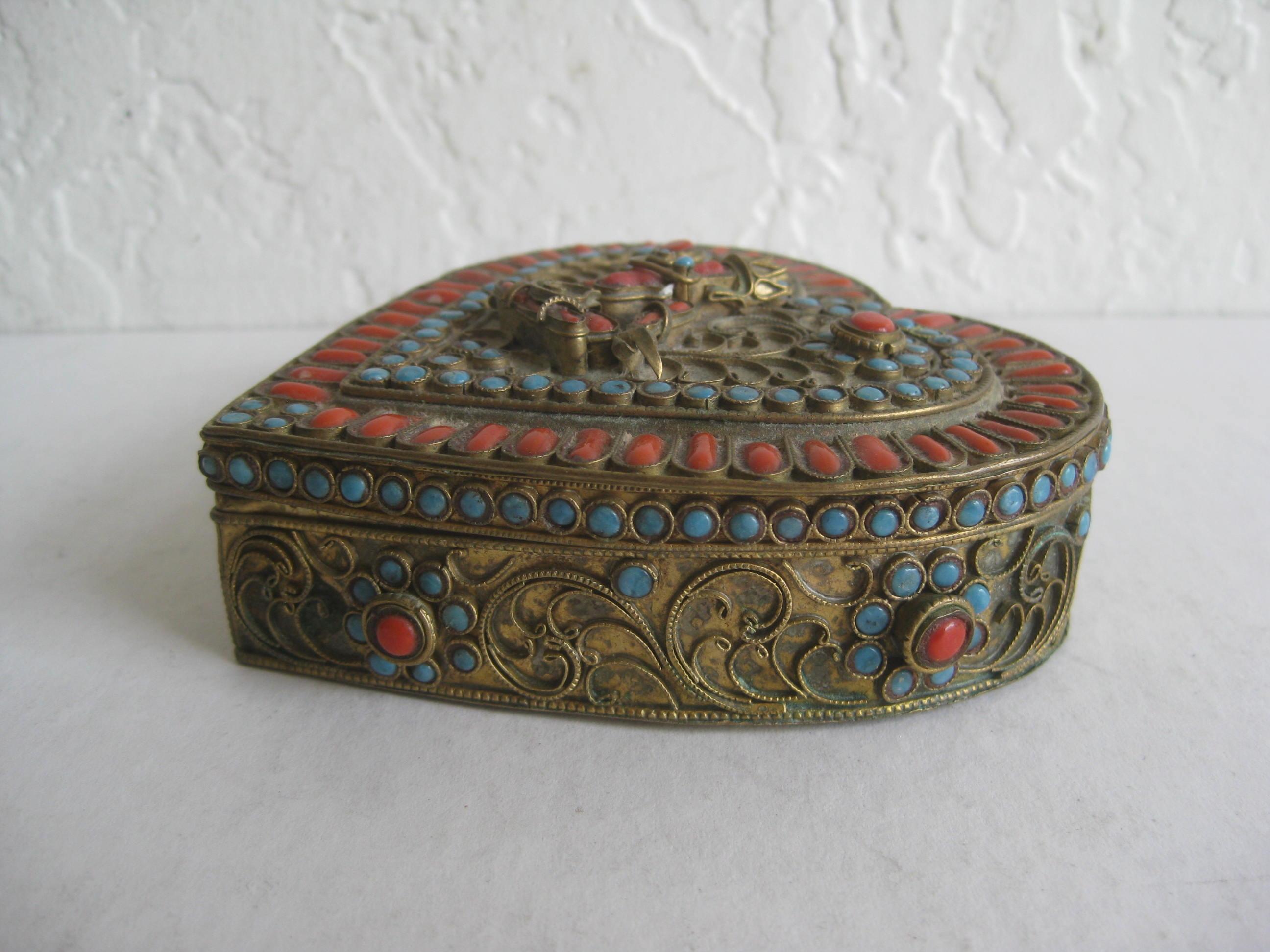 20th Century Antique Chinese Tibetan Buddha Brass Filigree Turquoise Coral Heart Shaped Box